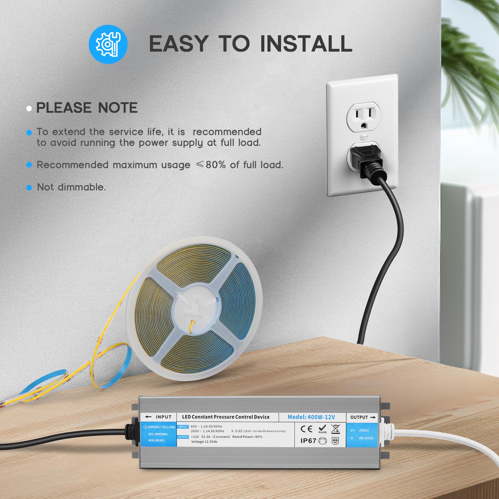 VOEWT LED Driver 100W Waterproof IP67 85-265V AC to 12V DC Power Supply Blue