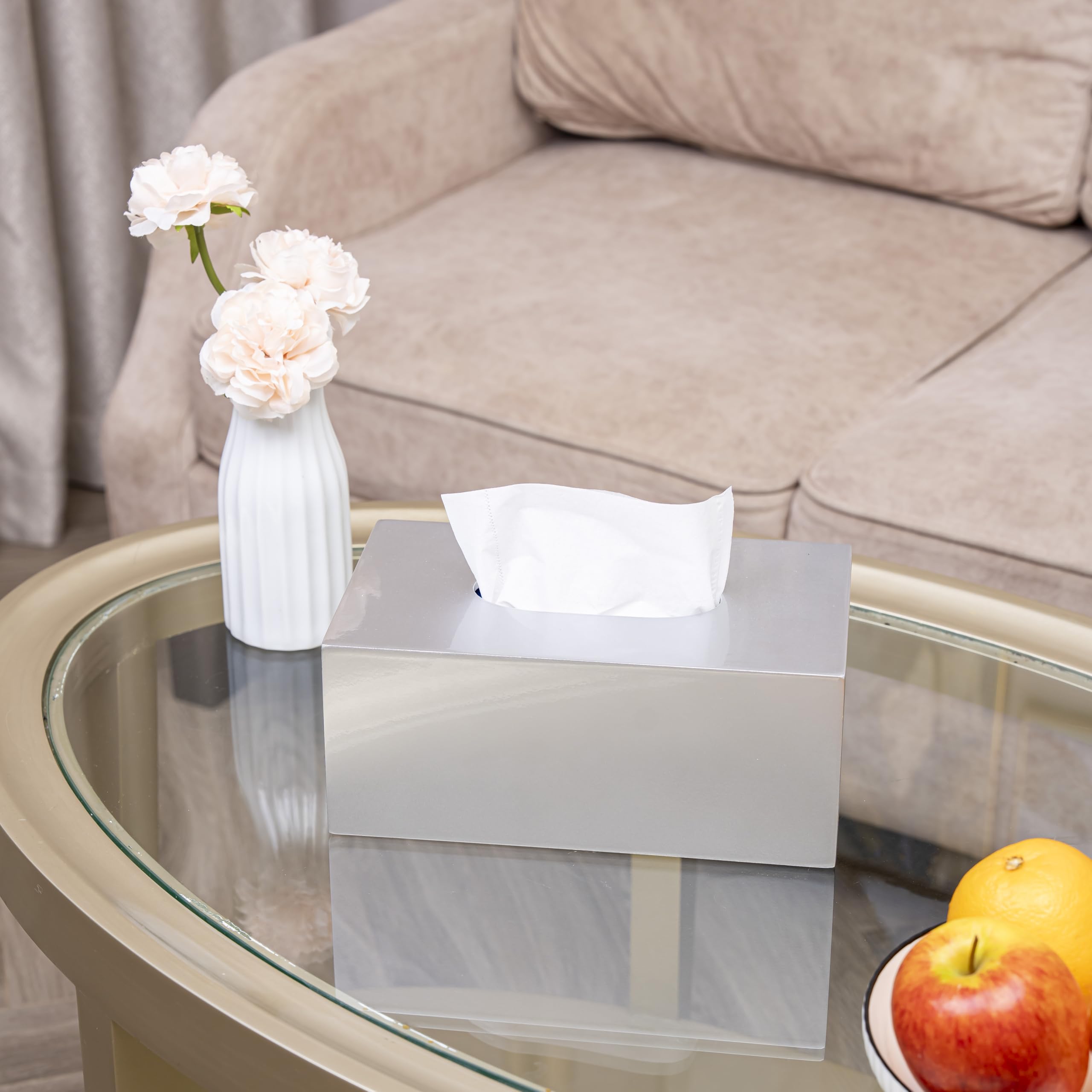 PEMAR Lacquer Rectangular Tissue Box Rustic Farmhouse Silver Decor