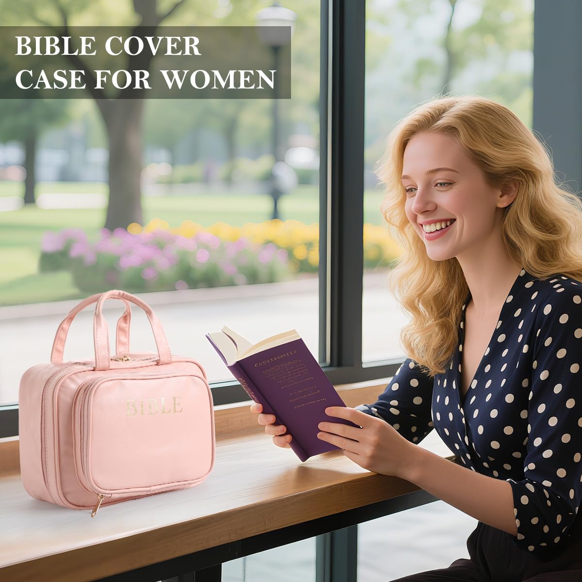Bible Cover for Women Carrying Bag with 12 Highlighters&Index Pink Faux Leather