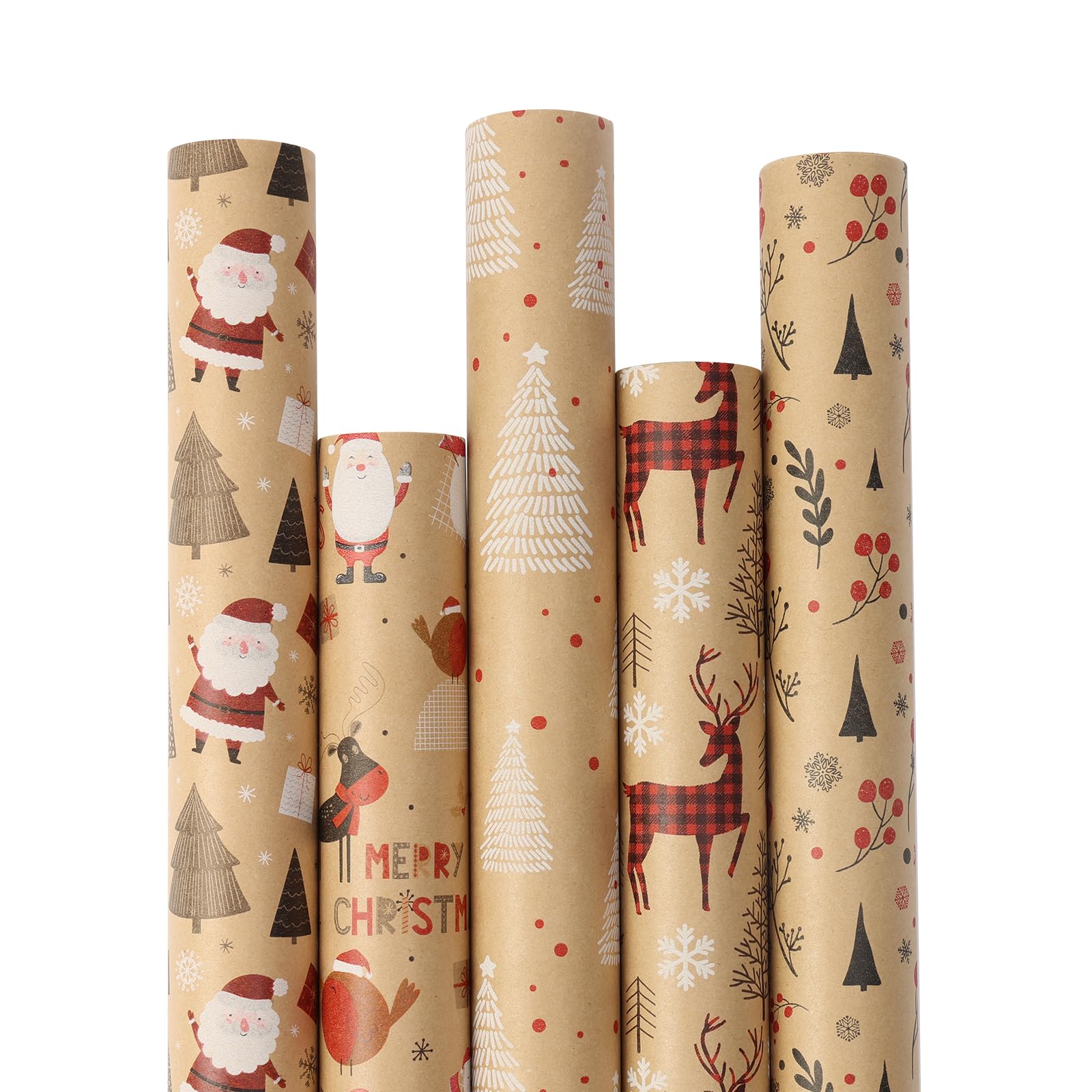 Qukou Christmas Wrapping Paper Kraft Brown Reindeer Woodlands 17ft x 50ft 5Rolls