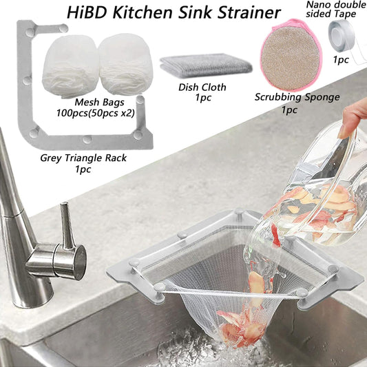 HiBD Kitchen Sink Triangle Tri-Holder Strainer Gray Rack 100PCS Mesh Bags