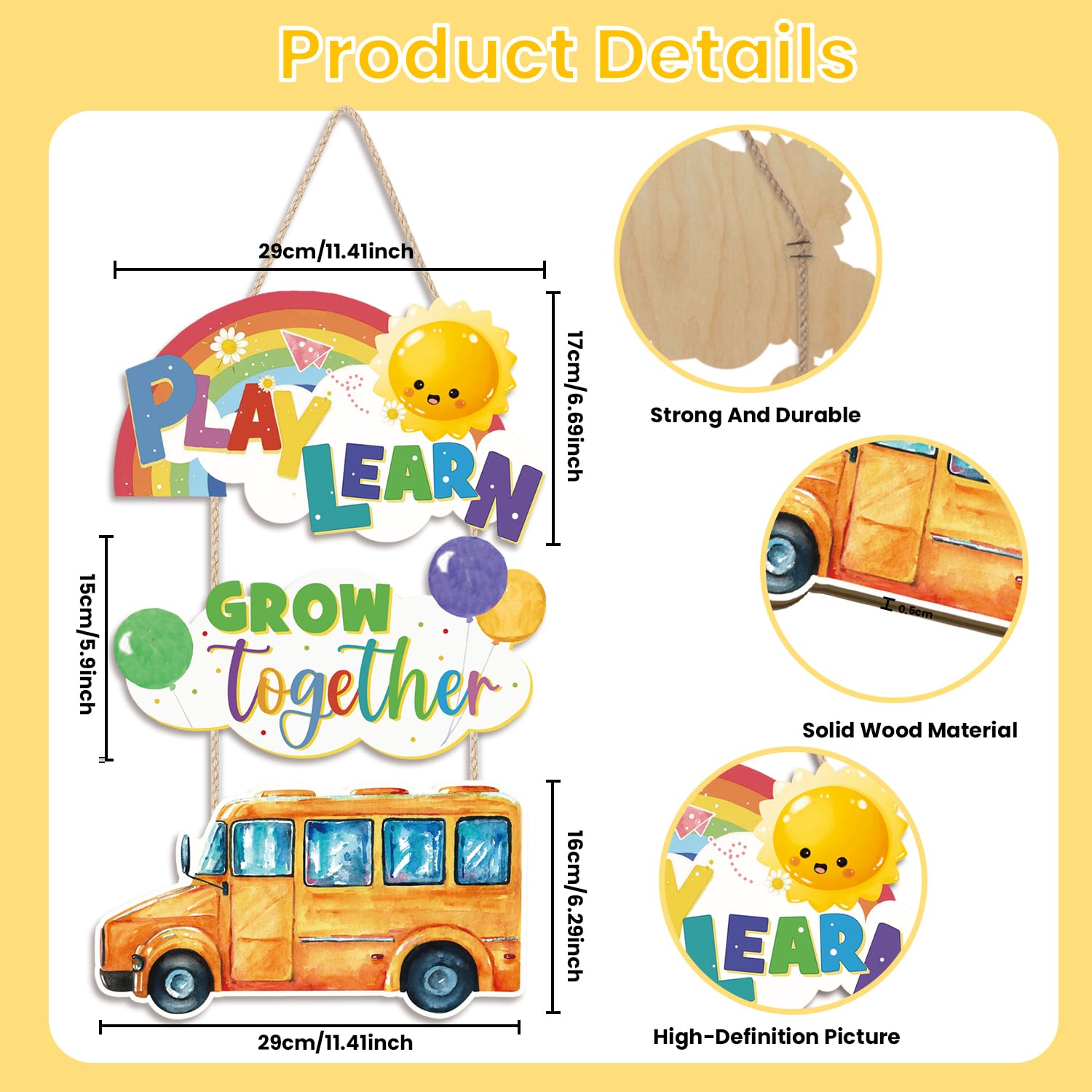 Aryroi Rainbow Wooden Classroom Door Sign School Decor 11.42x11.42 Yellow White