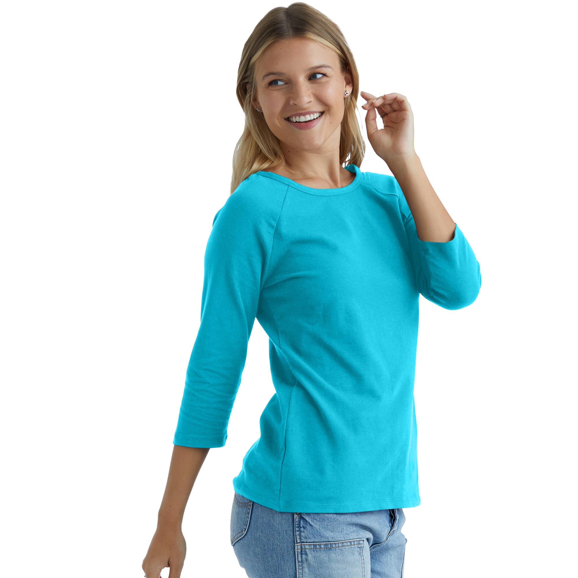 Hanes Womens Stretch Cotton Raglan Sleeve Tee Shirt Flying Turquoise Size S