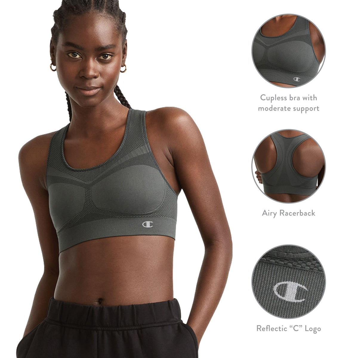 Champion Women's The Infinity Racerback Sports Bra, Moderate Support, Seamless, Moisture Wicking, White, Small