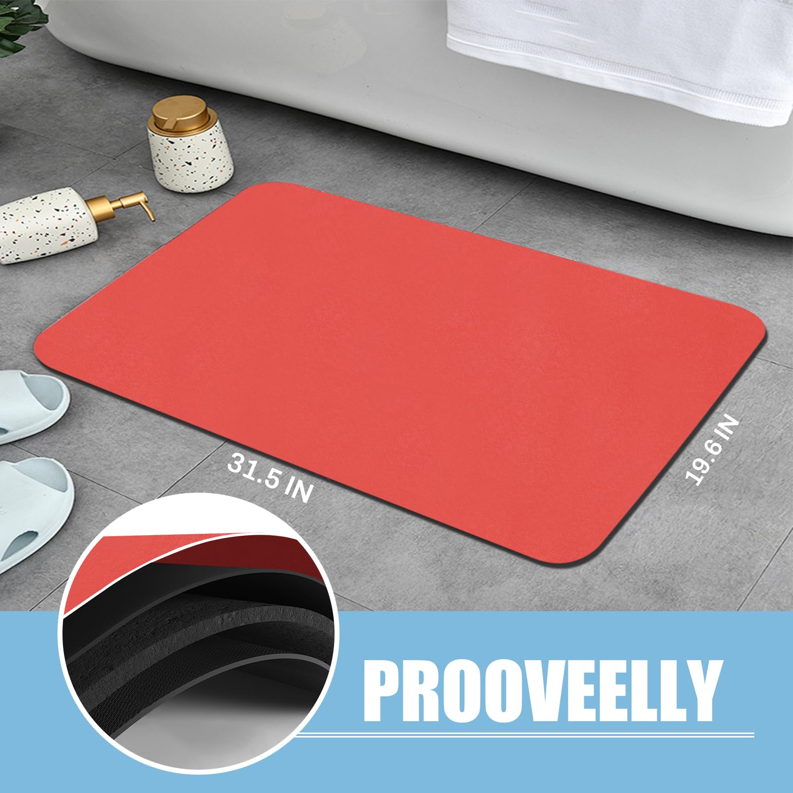 PROOVEELLY Diatomaceous Earth Bath Mat Non Slip Quick Dry Red 15.7x35.4