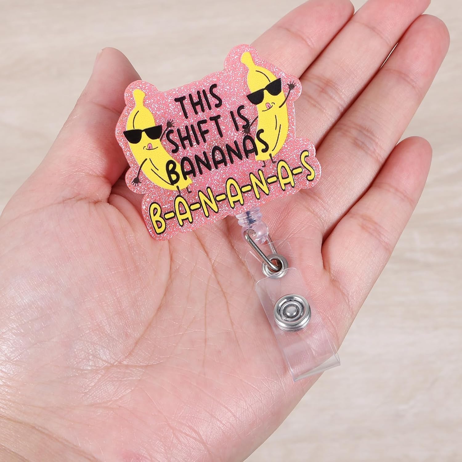 Funny Bananas Badge Reel Retractable Medical ID Clip Glitter Nurse Doctor