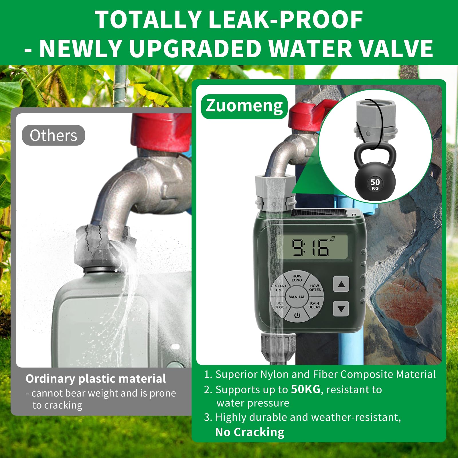 Zuomeng Programmable Sprinkler Timer Garden Hose Solar Battery Dual Power Green