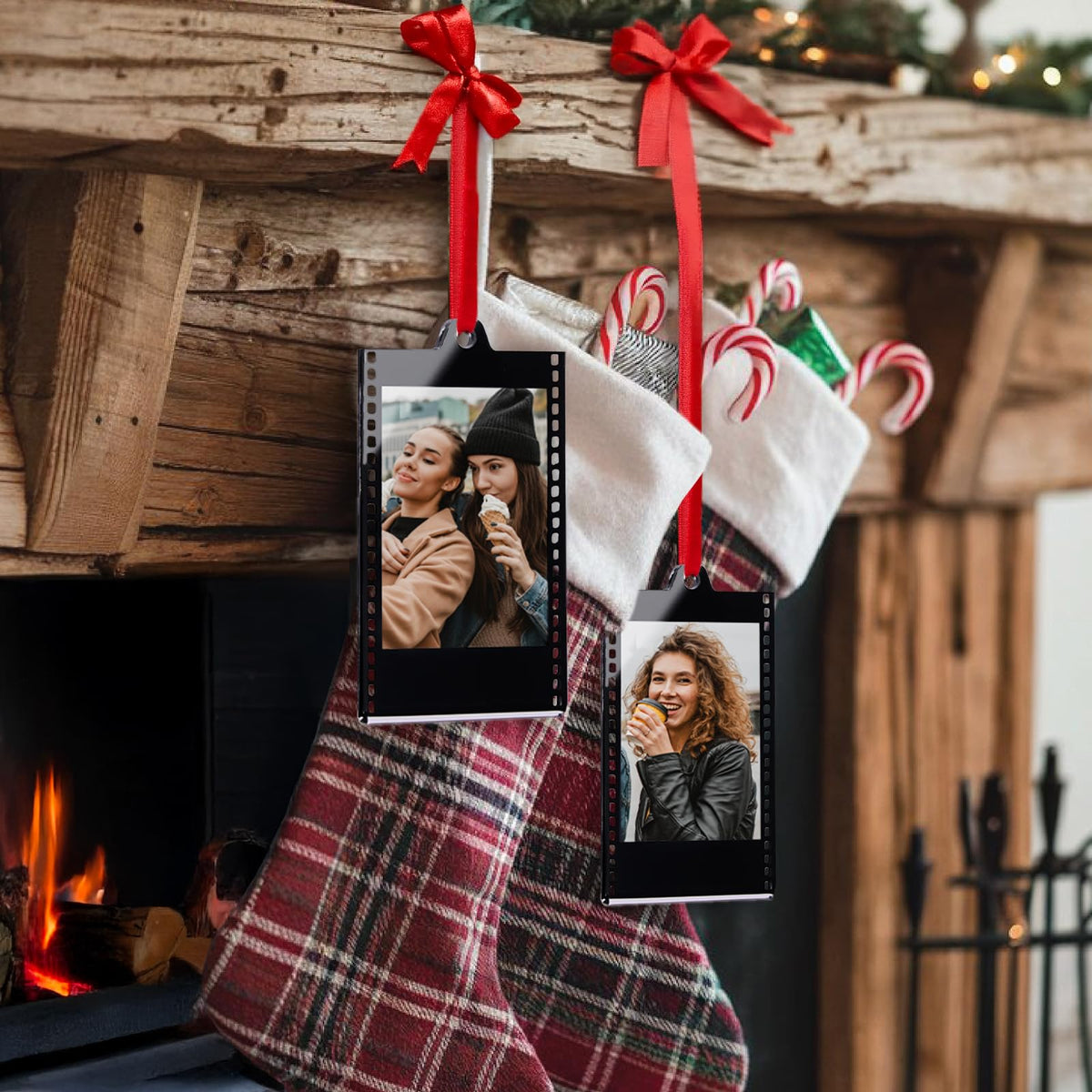 6Pcs Mini Gold & Silver Vintage Acrylic Photo Booth Picture Frame Ornaments - Double-Sided Photos Display, Photo Strip Frame for Polaroid Fuji Film Christmas Tree Car Wreath Fireplace