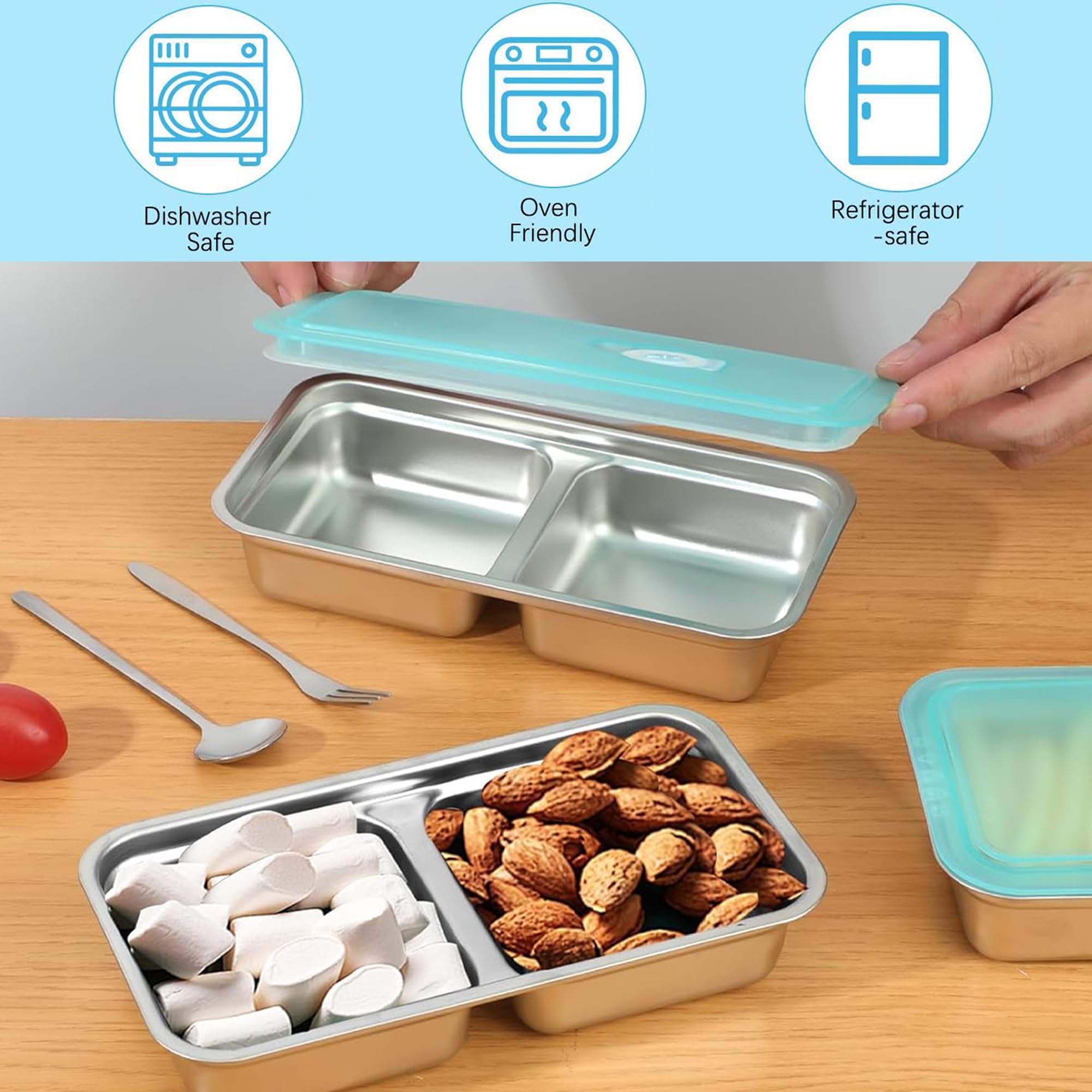 QWEZXO Stainless Steel Double Compartment Snack Containers with Lids 4 Pack Blue
