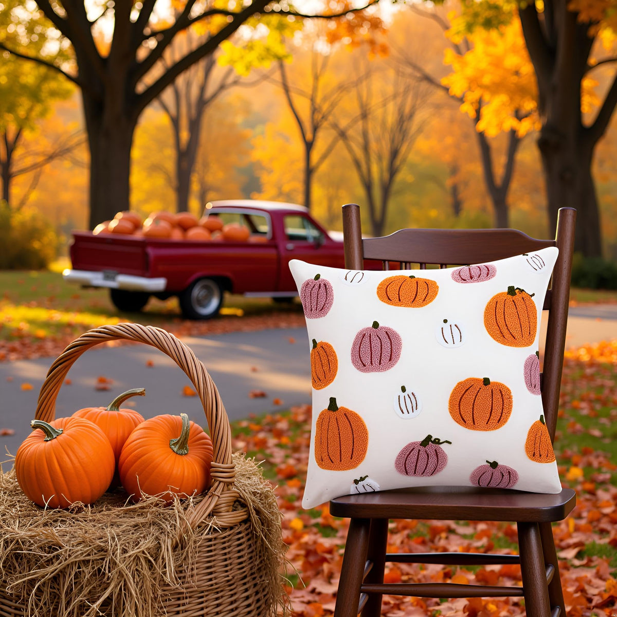 Tosleo Thanksgiving Pillow Covers 20x20 Set of 2 Halloween Pink and Orange Pumpkins Embroidered Pillow Cases Thanksgiving Home Party Pumpkin Fall Decor Pillowcases Cushion Covers