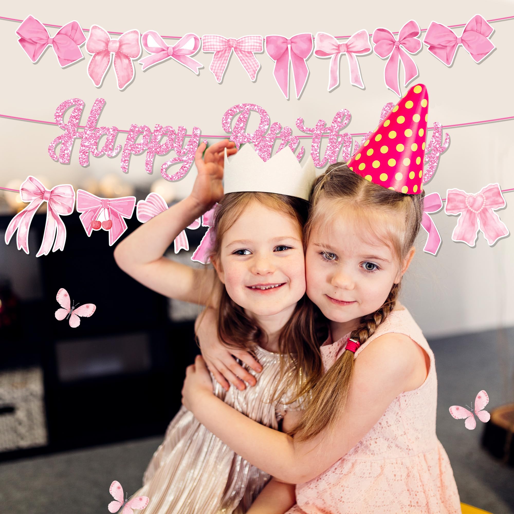 Lide Road 3Pcs Pink Bow Birthday Party Banner Pink White Bows 3 Count