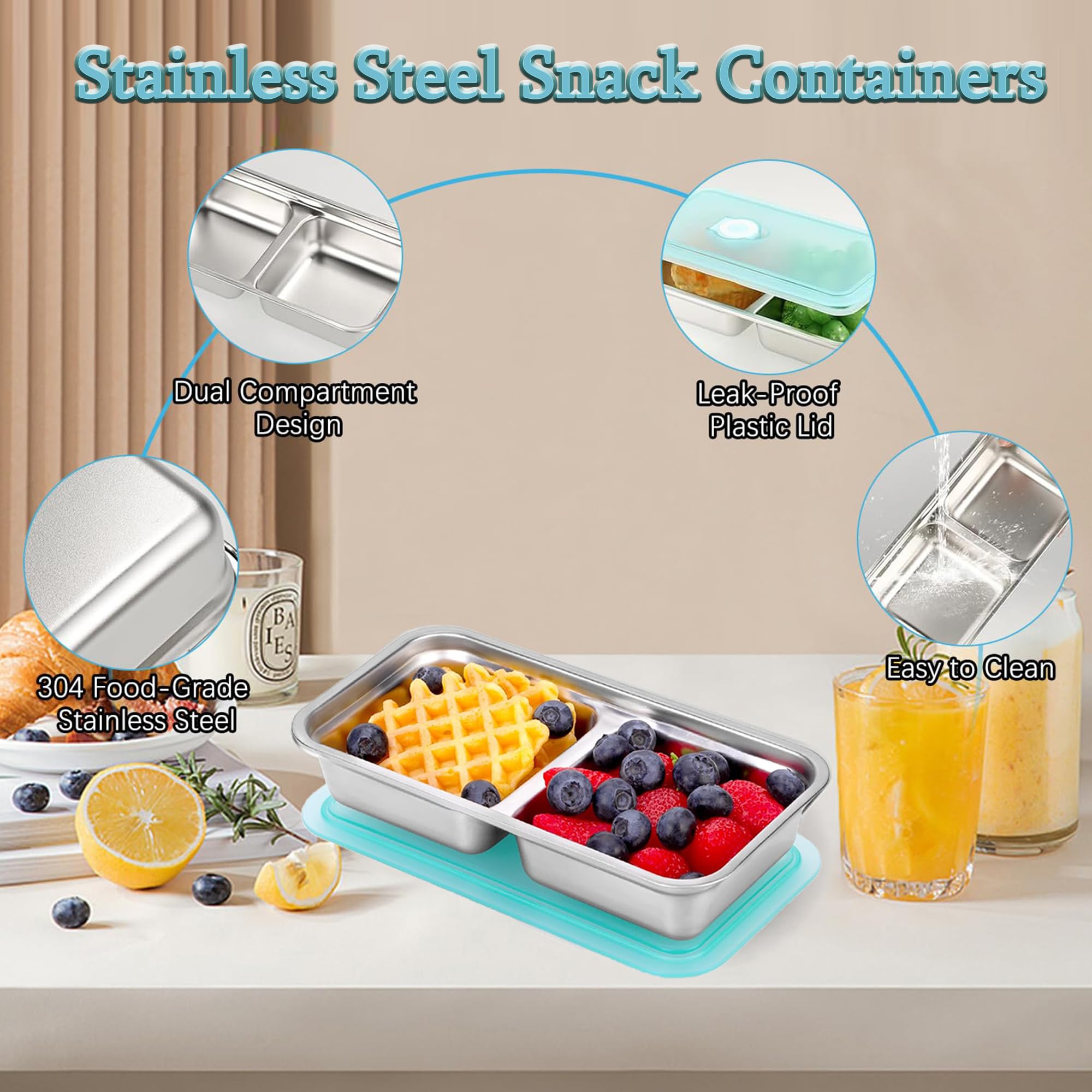 QWEZXO Stainless Steel Double Compartment Snack Containers with Lids 4 Pack Blue
