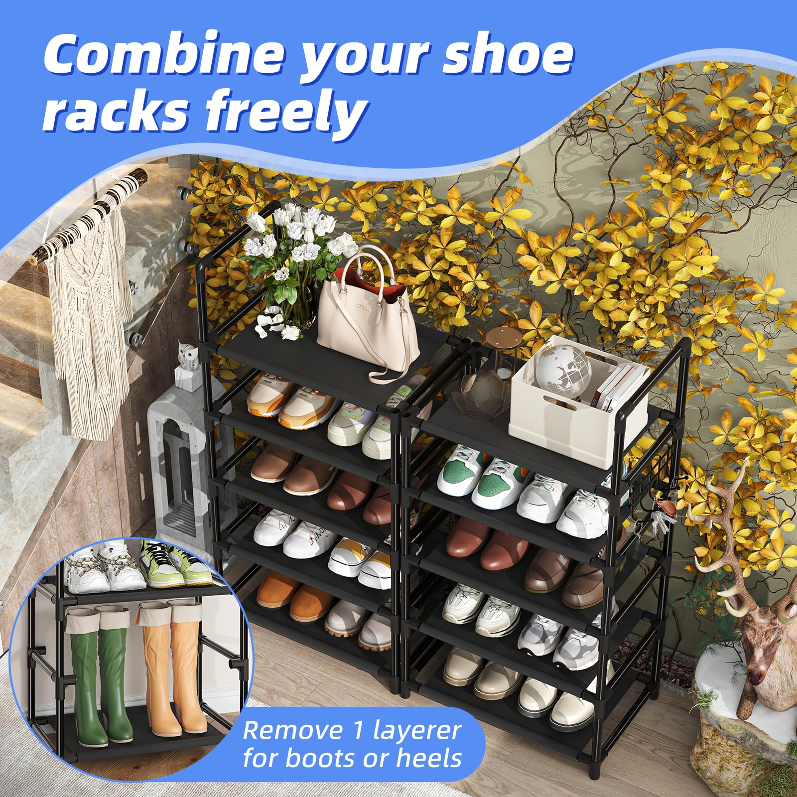 Simple Trending Tall Shoe Rack 10 Tiers Holds 20 Pairs with Hooks Black