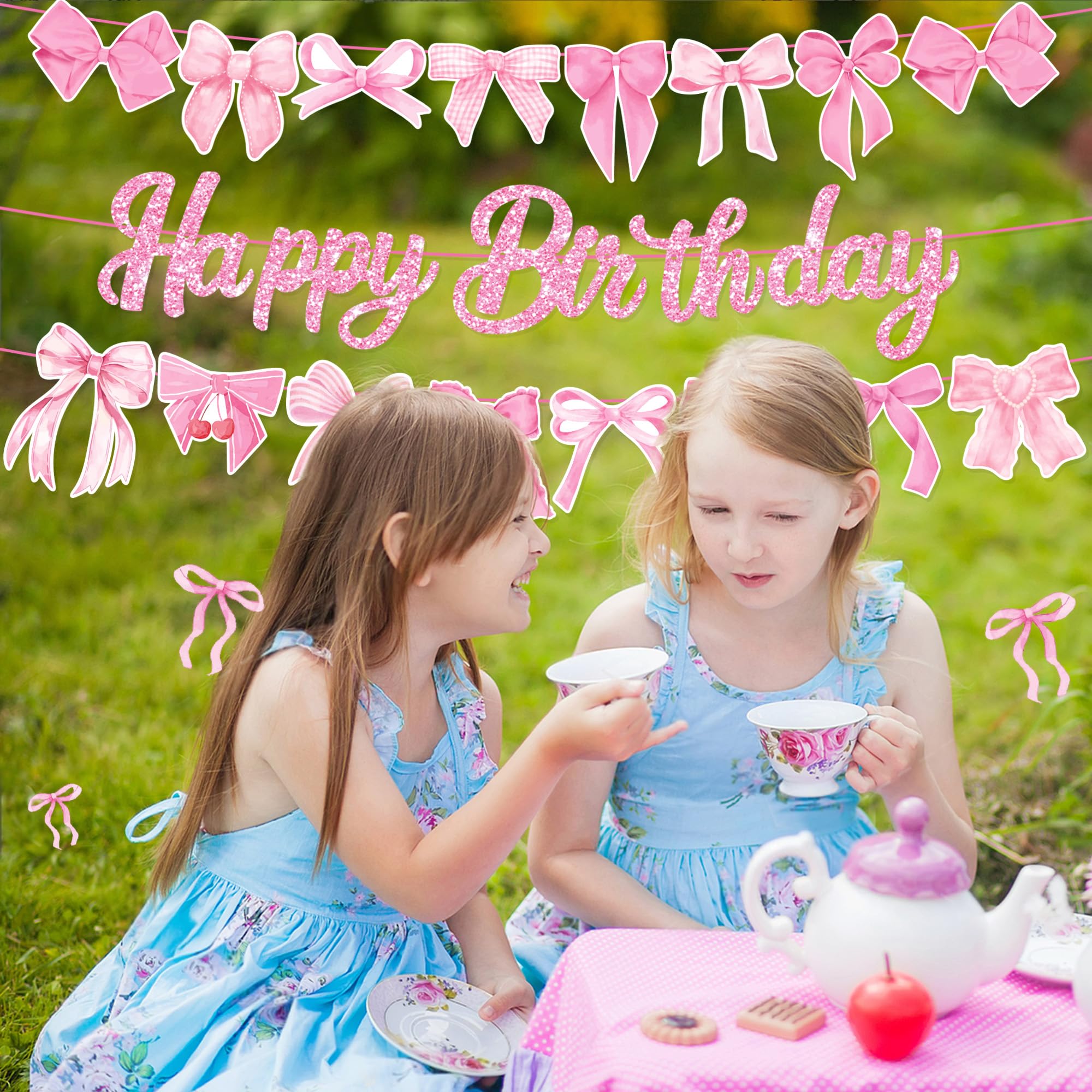 Lide Road 3Pcs Pink Bow Birthday Party Banner Pink White Bows 3 Count