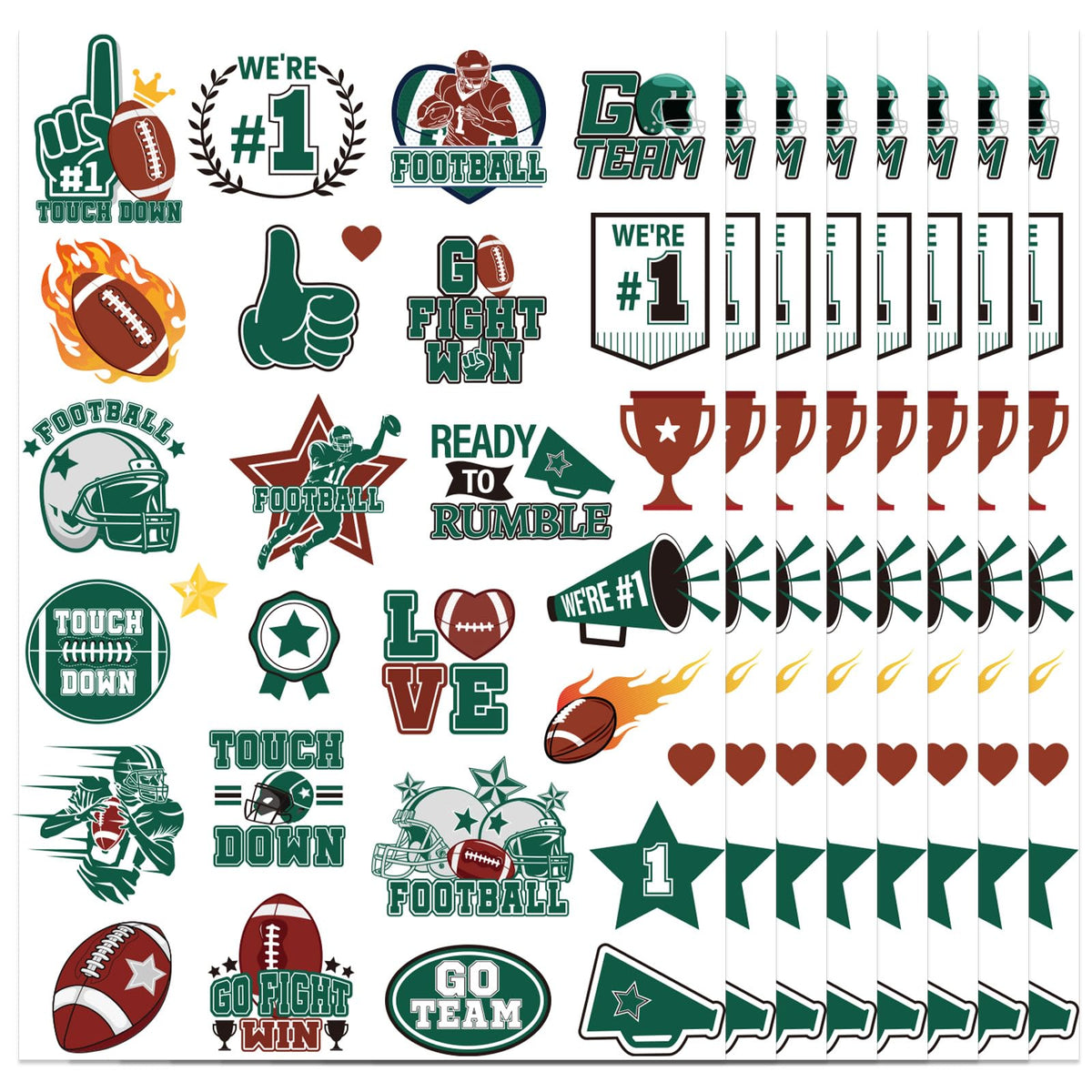 Green Team Spirit Temporary Tattoos, 180 Pcs Football Sports Cheer Face Tattoo Stickers, Glitter Green Team Spirit Week Accessories for Cheerleading Teams Sports Games Supplies School Prizes Rewards
