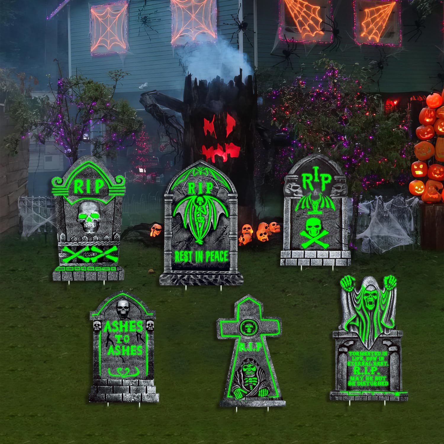 CiniQy Halloween Tombstones 6 Pack Light Up 16.5x11.5" Waterproof Outdoor Decor
