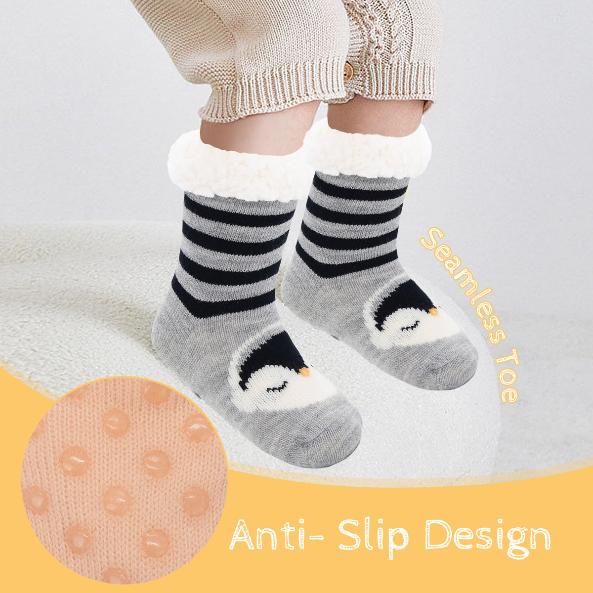 Zando Kids Boys Girls Fuzzy Socks Winter Slipper Fleece Christmas Baby Thick Fluffy Thermal Anti Skid Warm Grip Animal Black Penguin 8-12 Years ?,New