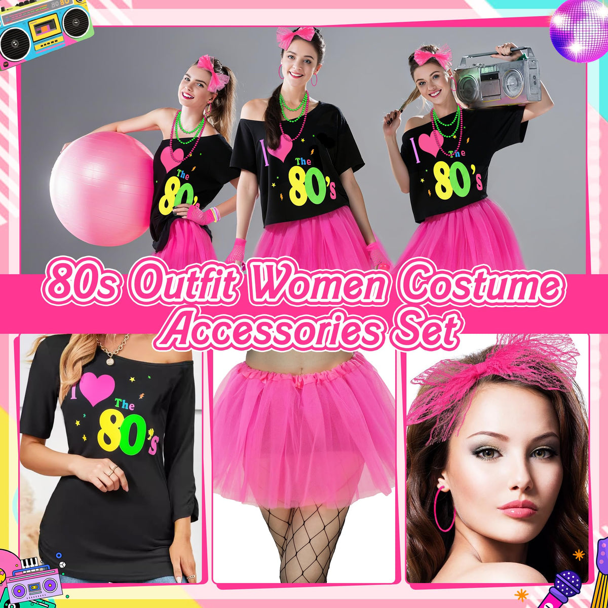 80s Outfit Costume Accessories for Women 1980s Outfits T Shirt Tutu Skirt Headband Bracelets Gloves for Theme Party Multicolor