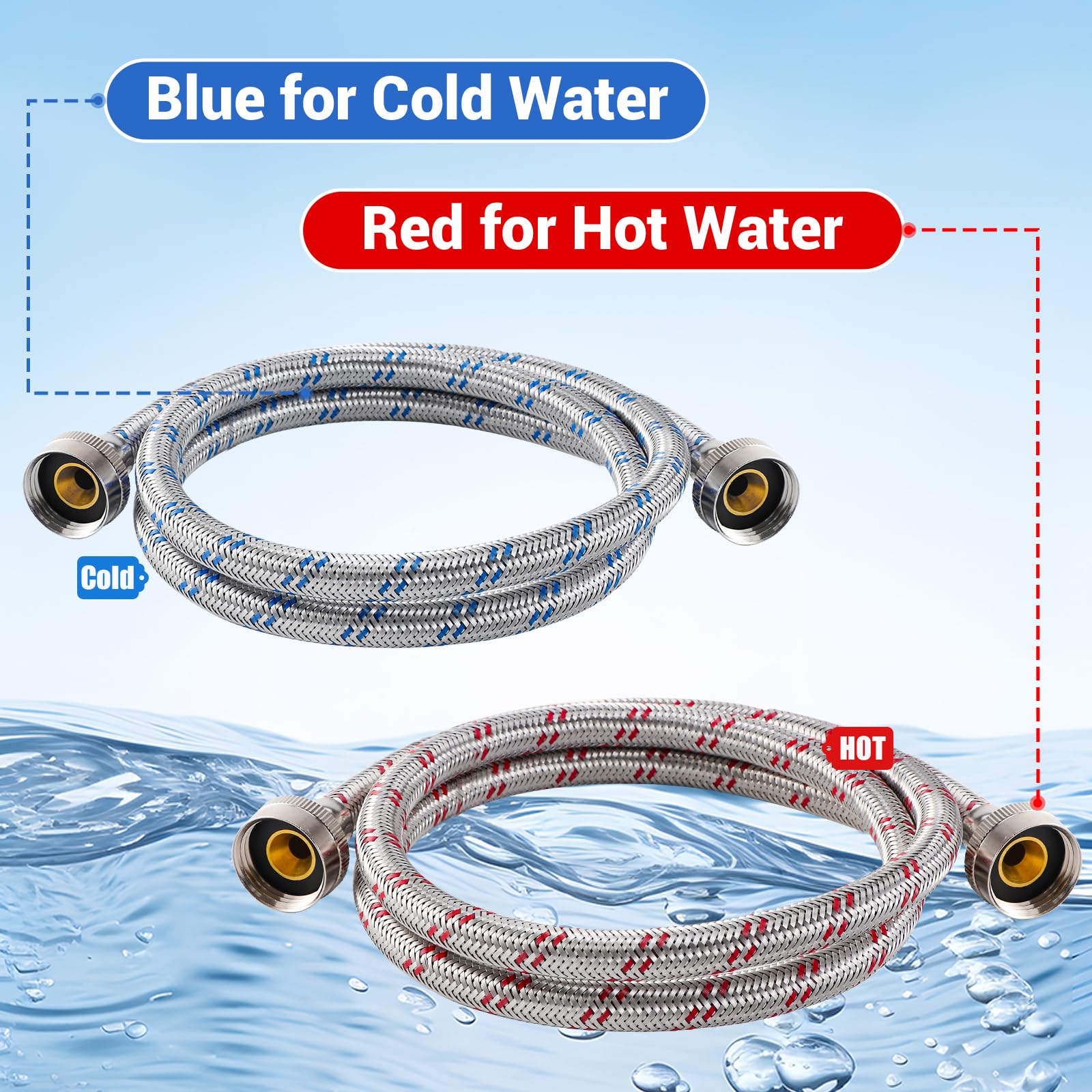 Yejesiy 4ft Stainless Steel Washing Machine Hoses 2 Pack Hot Cold Red Blue