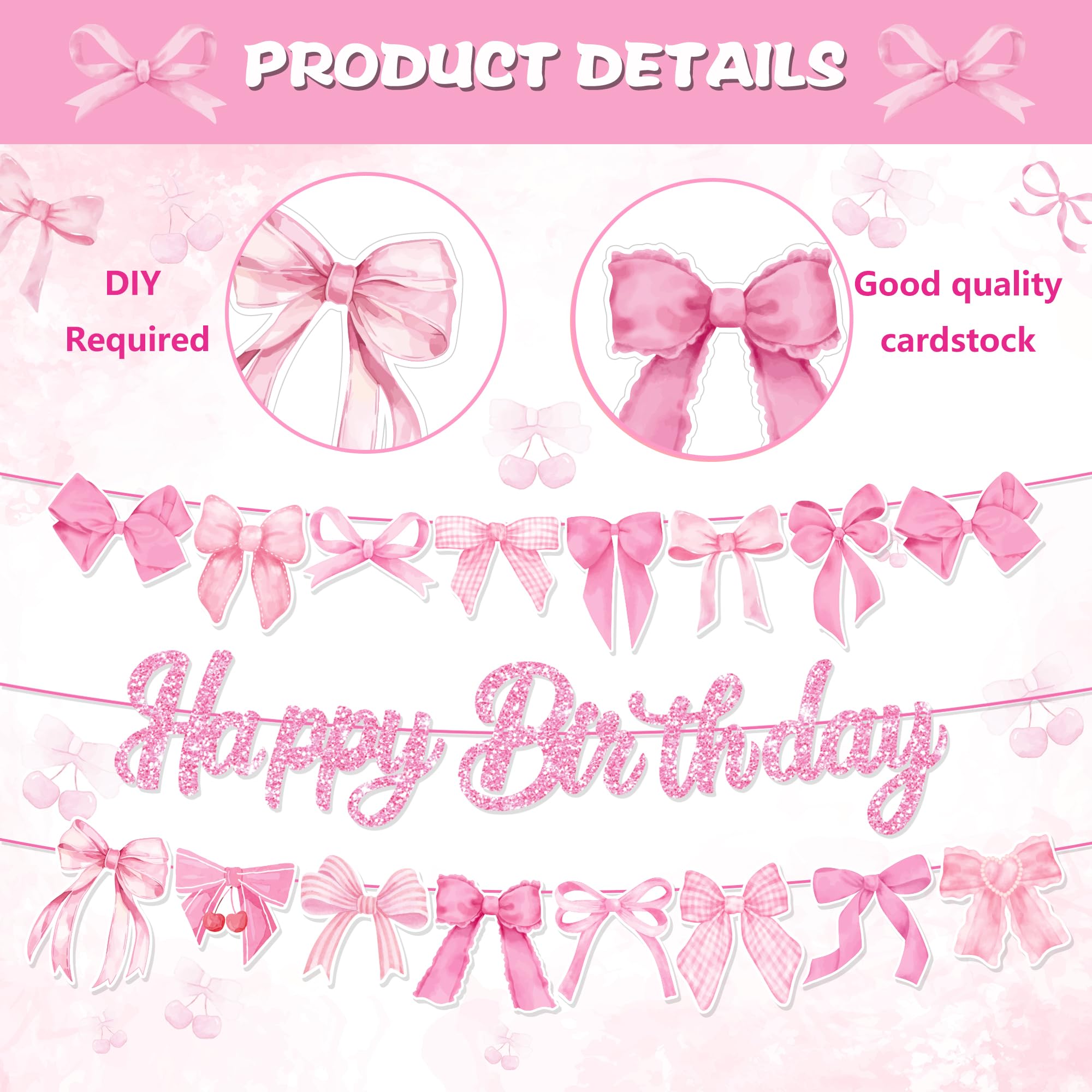 Lide Road 3Pcs Pink Bow Birthday Party Banner Pink White Bows 3 Count