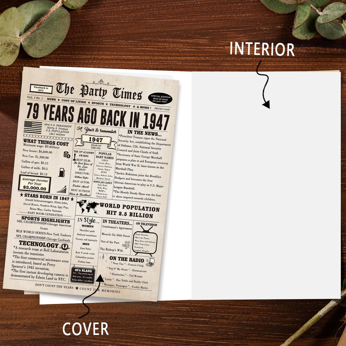 Ziwenhu 79th Birthday Card with Envelope, Vintage 1947 Newspaper Design