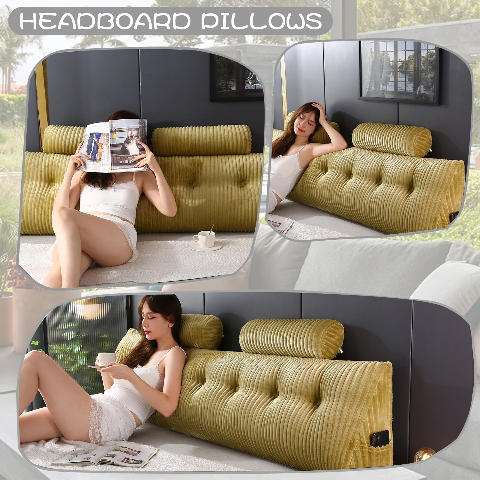 Ziihome Large Wedge Headboard Pillow with 2 Neck Roll Pillows Saddle Brown Queen