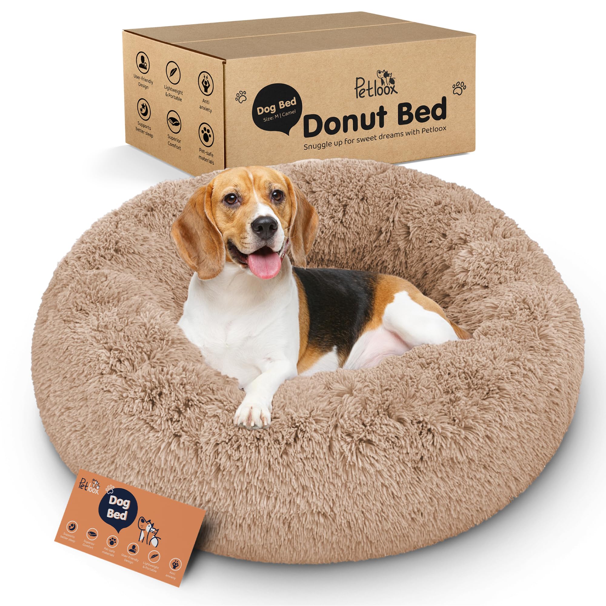 Petloox Donut Dog Bed Premium Comfort Anxiety Relief Size M Camel