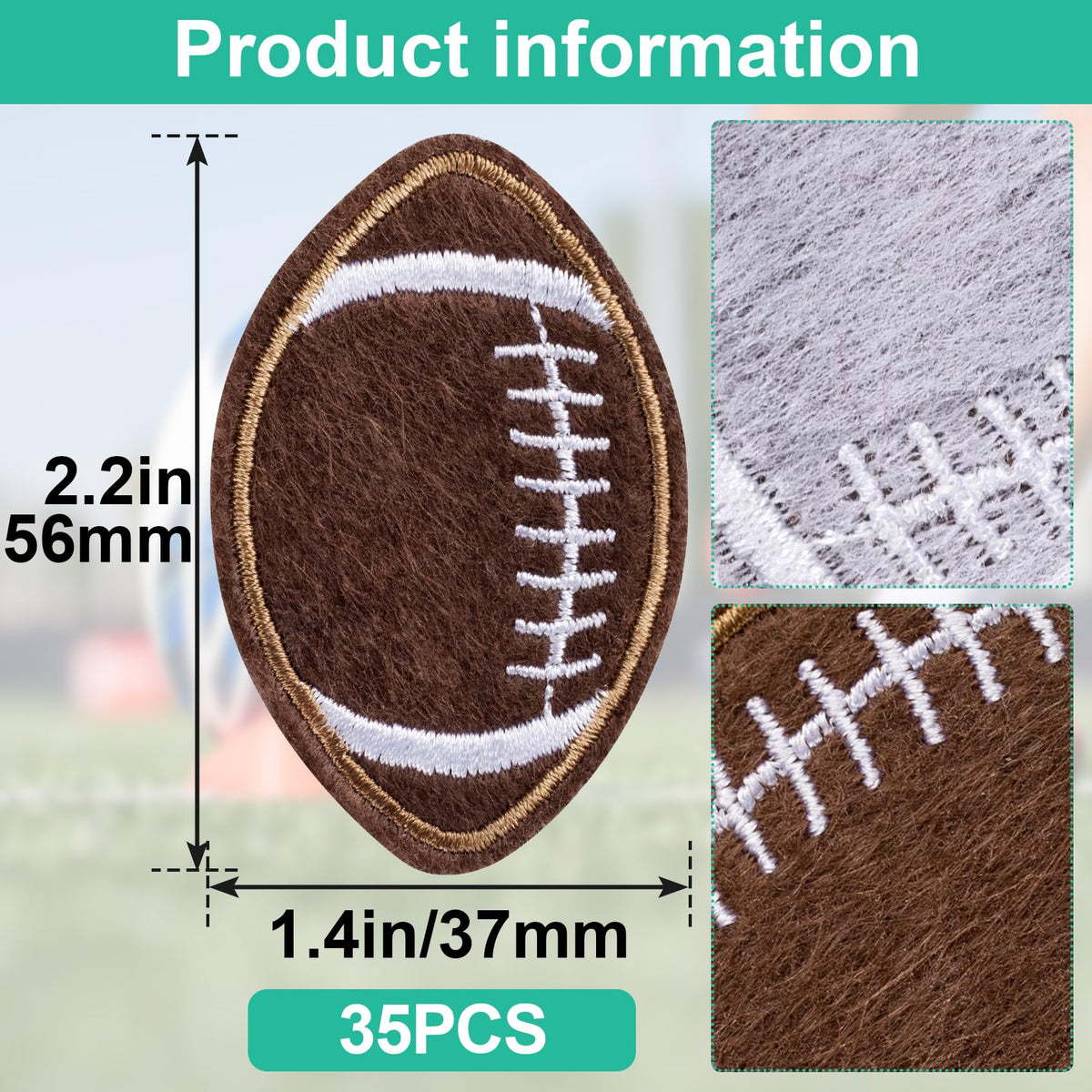 Pndeyo 35pcs Football Iron on Patches for Backbags, Sew on Football Bumble Embroidered Patch, Sport Embroidery Applique Decoration Accessories for DIY Clothes Jackets Jeans Hats Bags- Brown