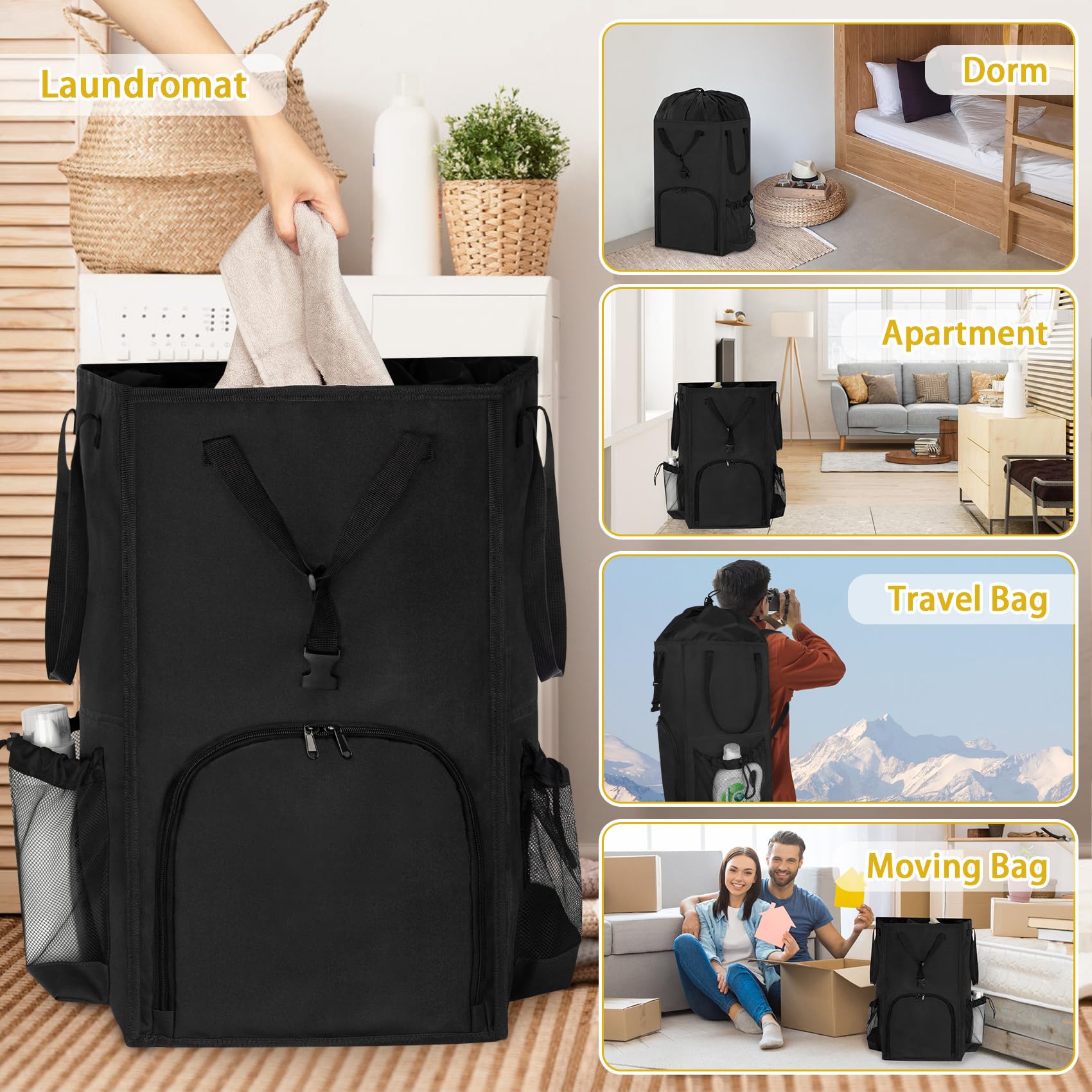 Attmu Laundry Bag Backpack Extra Large 110L Heavy Duty Black 13.8x13.8x24"