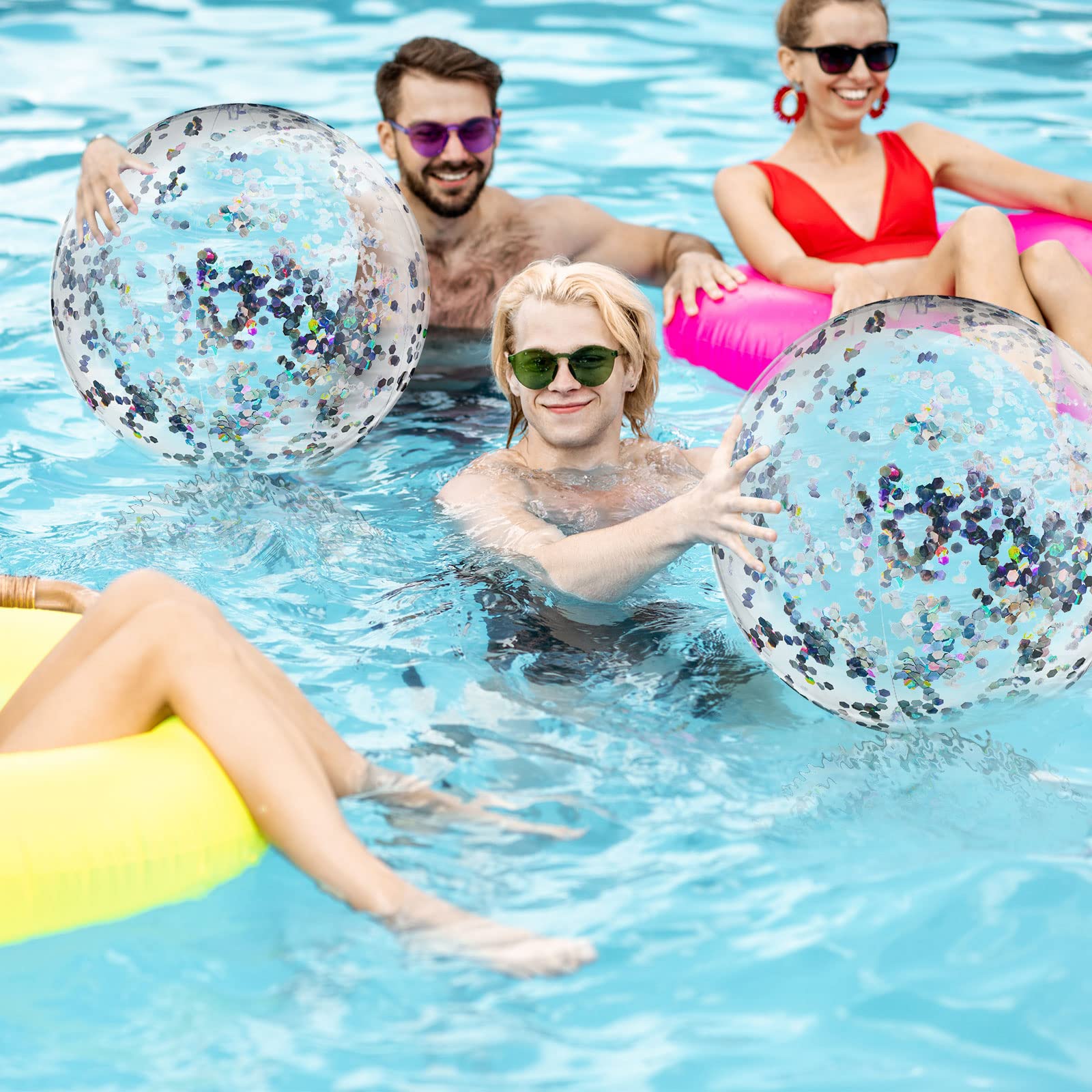 Civaner 6 Pcs 24 Inch Silver Inflatable Glitter Beach Balls Clear Floatable