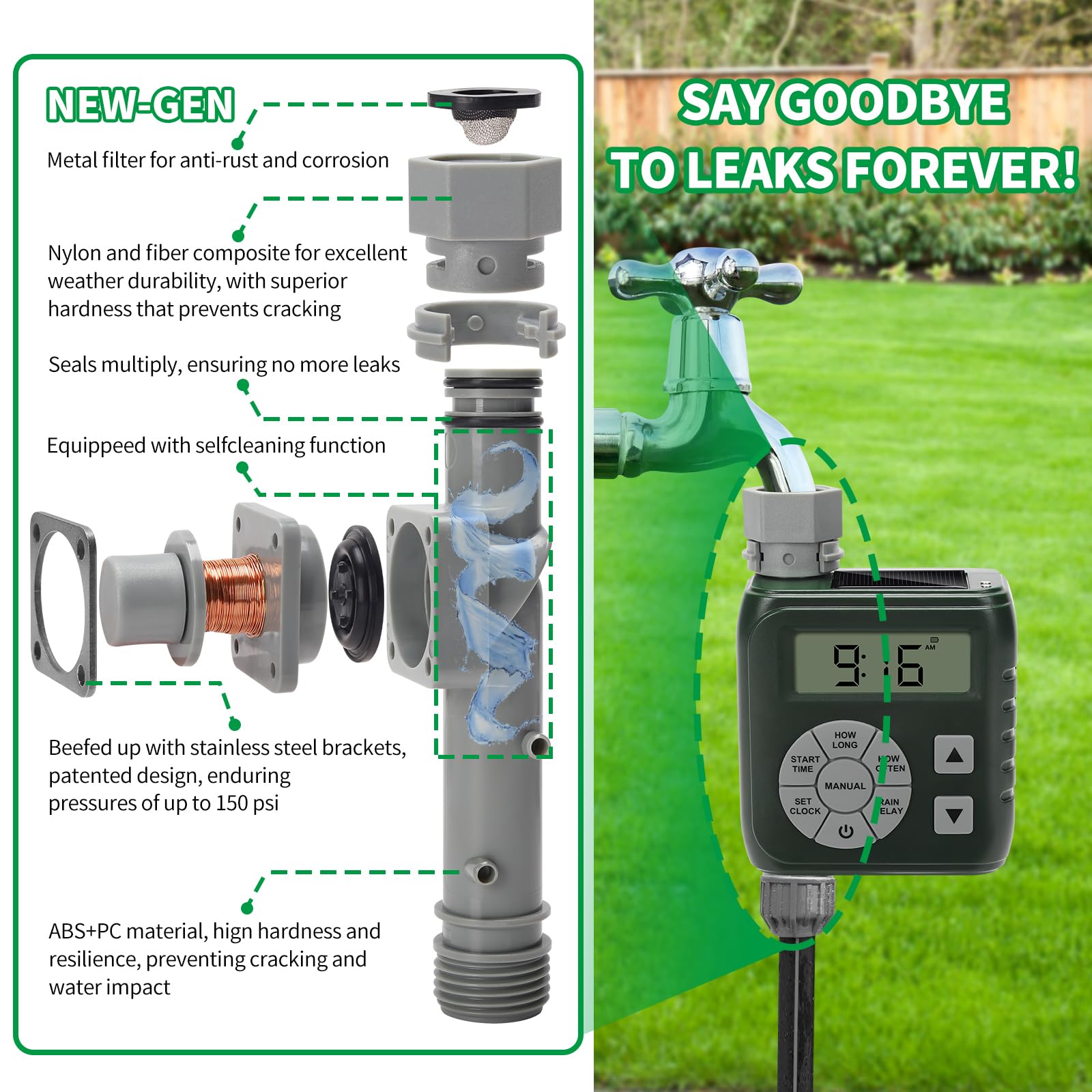 Zuomeng Programmable Sprinkler Timer Garden Hose Solar Battery Dual Power Green