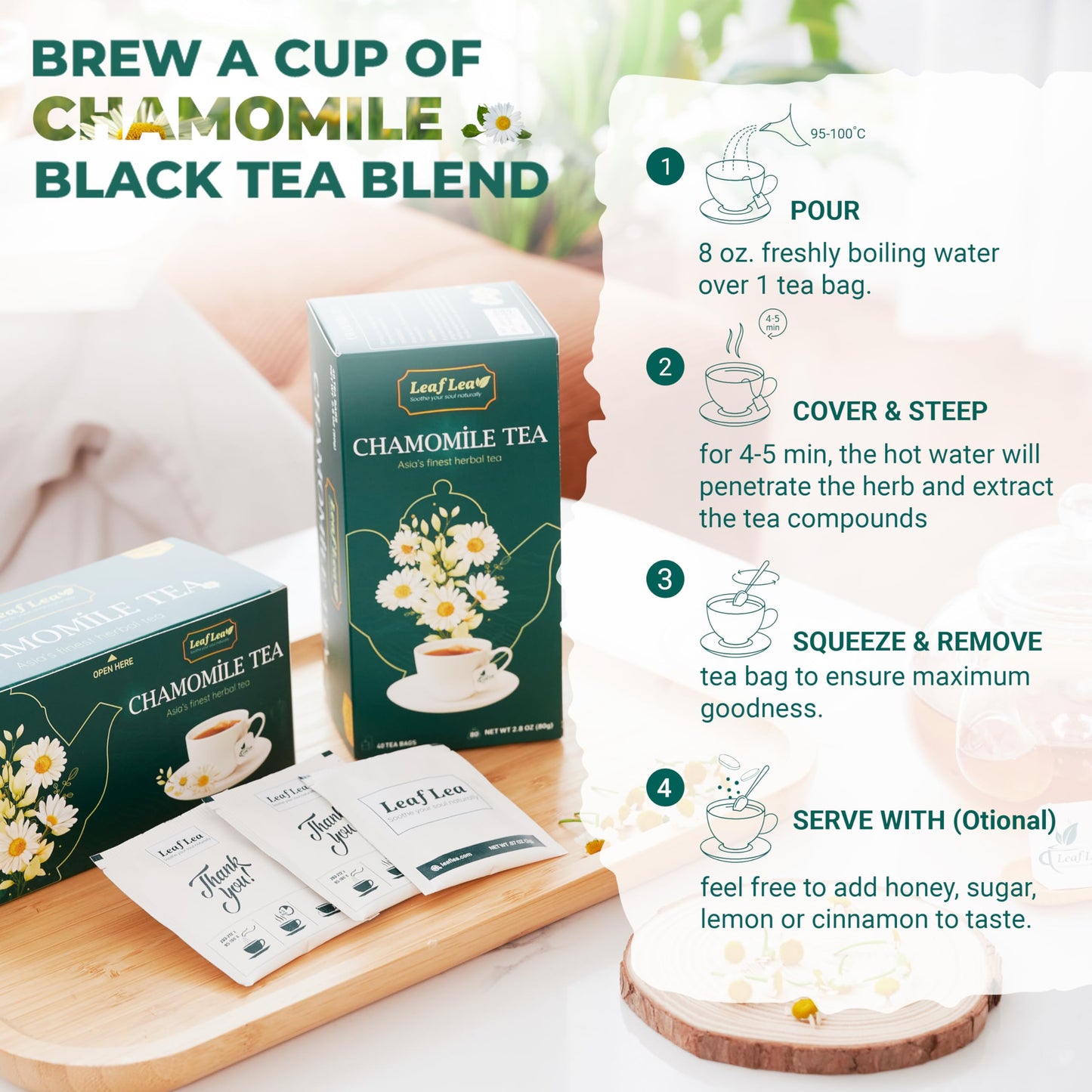 LeafLea Black Tea with Chamomile, Natural, Gluten-Free, Vegan, 40 Bags