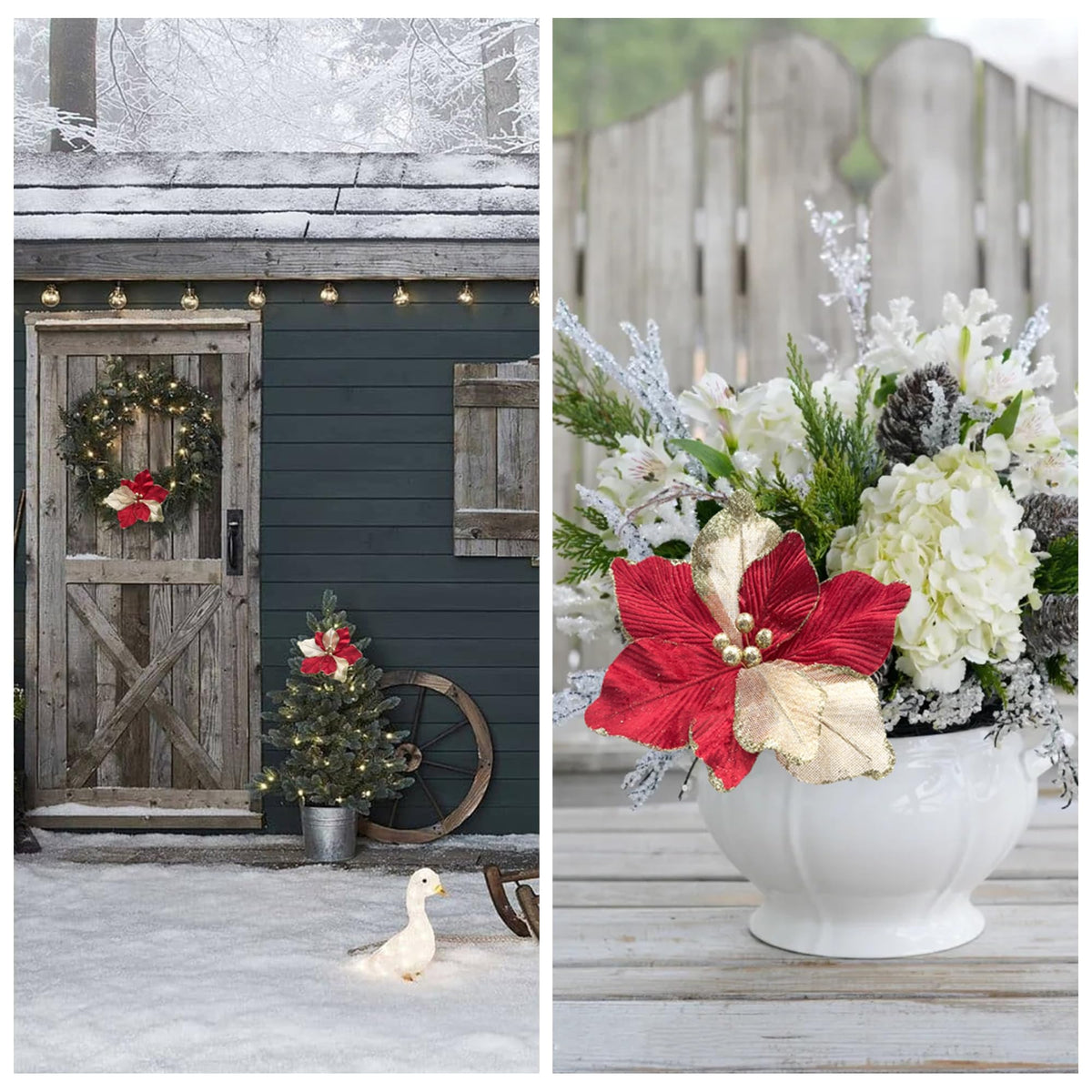 Artificial Christmas Poinsettia Picks, Red and Champagne, 4-Piece Set