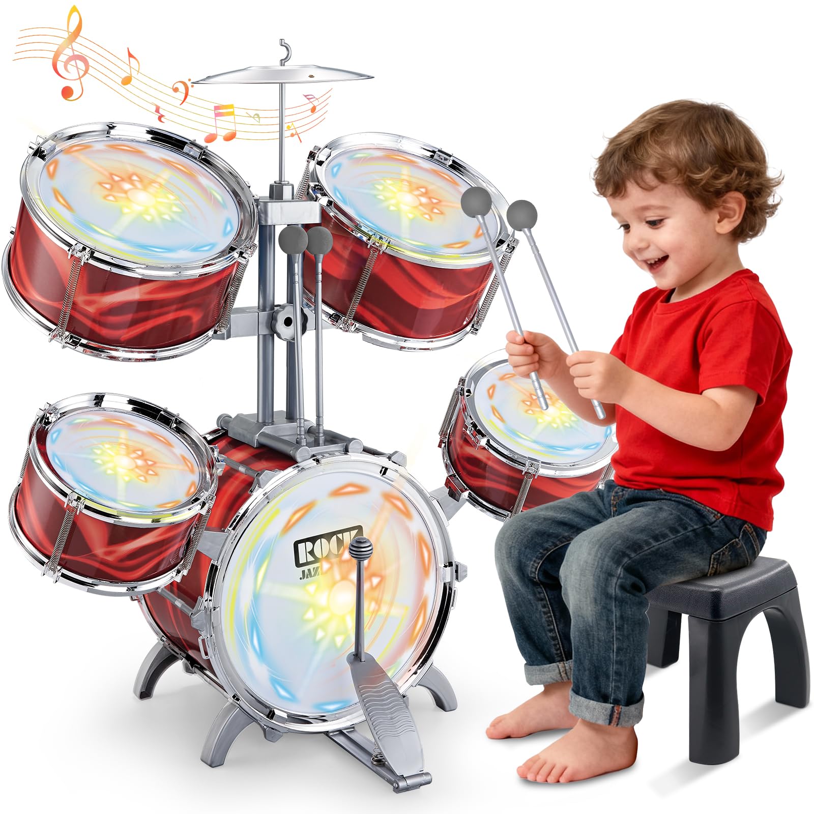 deAO Kids Drum Set 5-Drum Jazz Toy with Lights Vibrating Musical 3-5Y Red