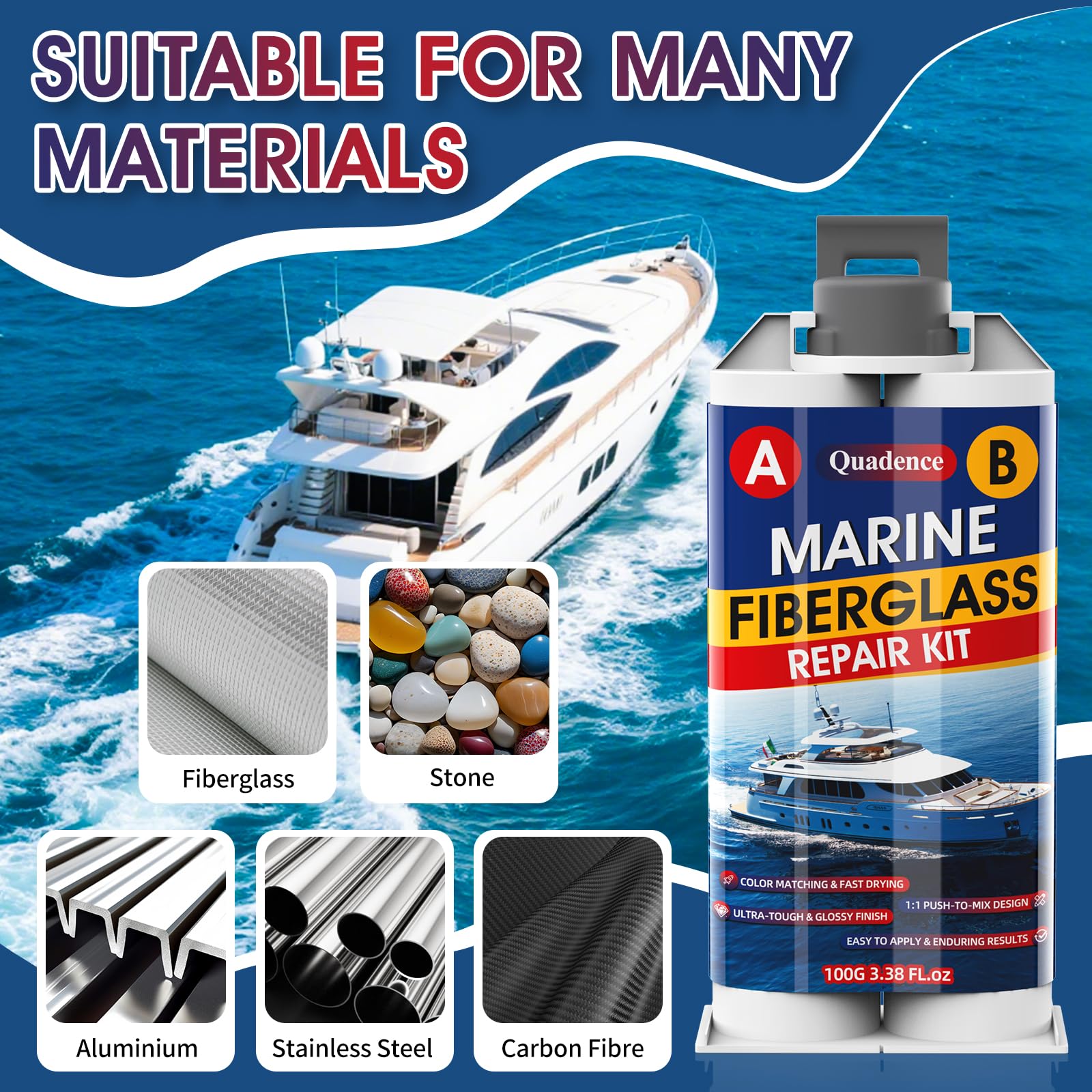 Quadence Marine Fiberglass Repair Kit Waterproof Epoxy Filler Color Match