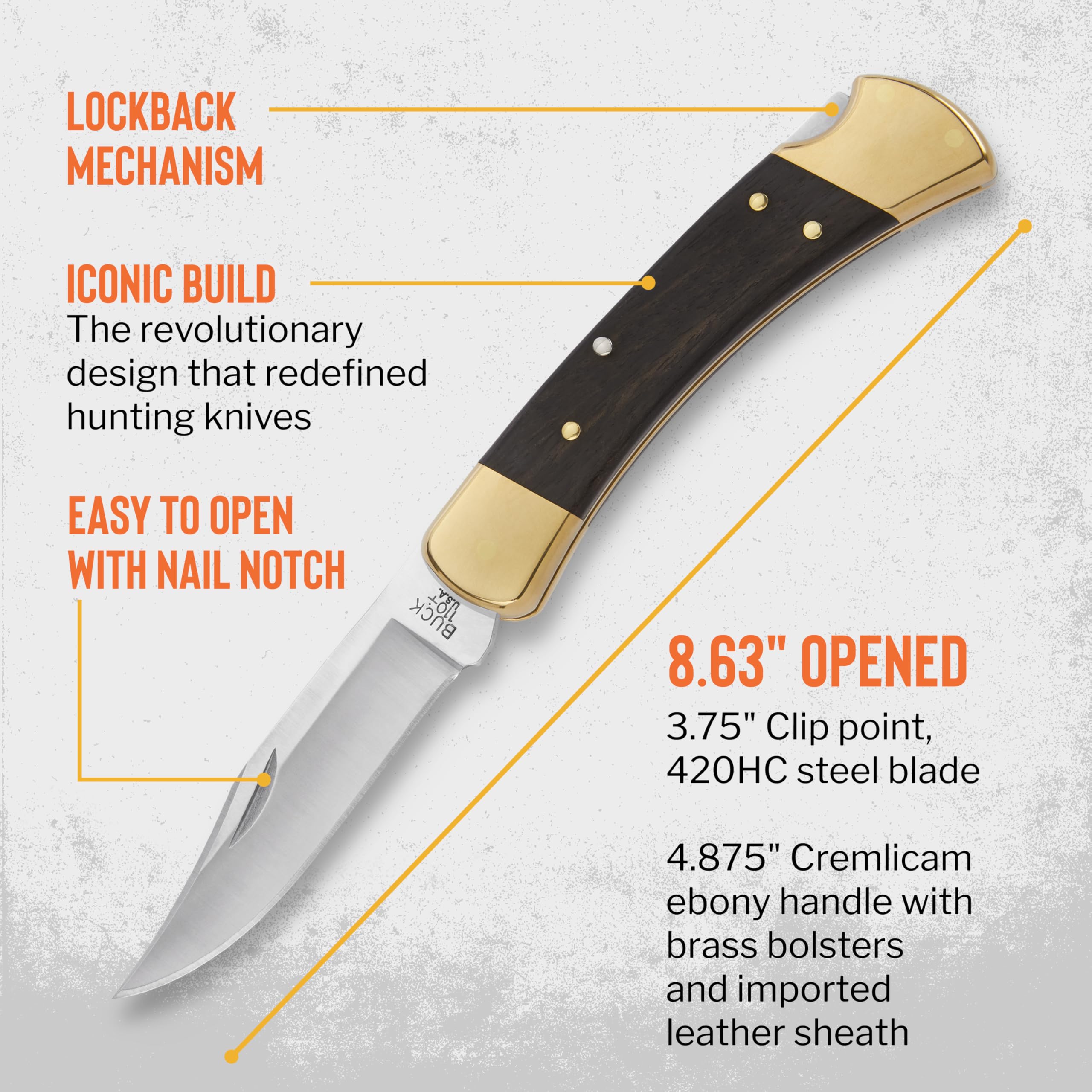 Buck Knives 110 Folding Hunter Knife 3.75" Blade Ebony Handle Brass USA