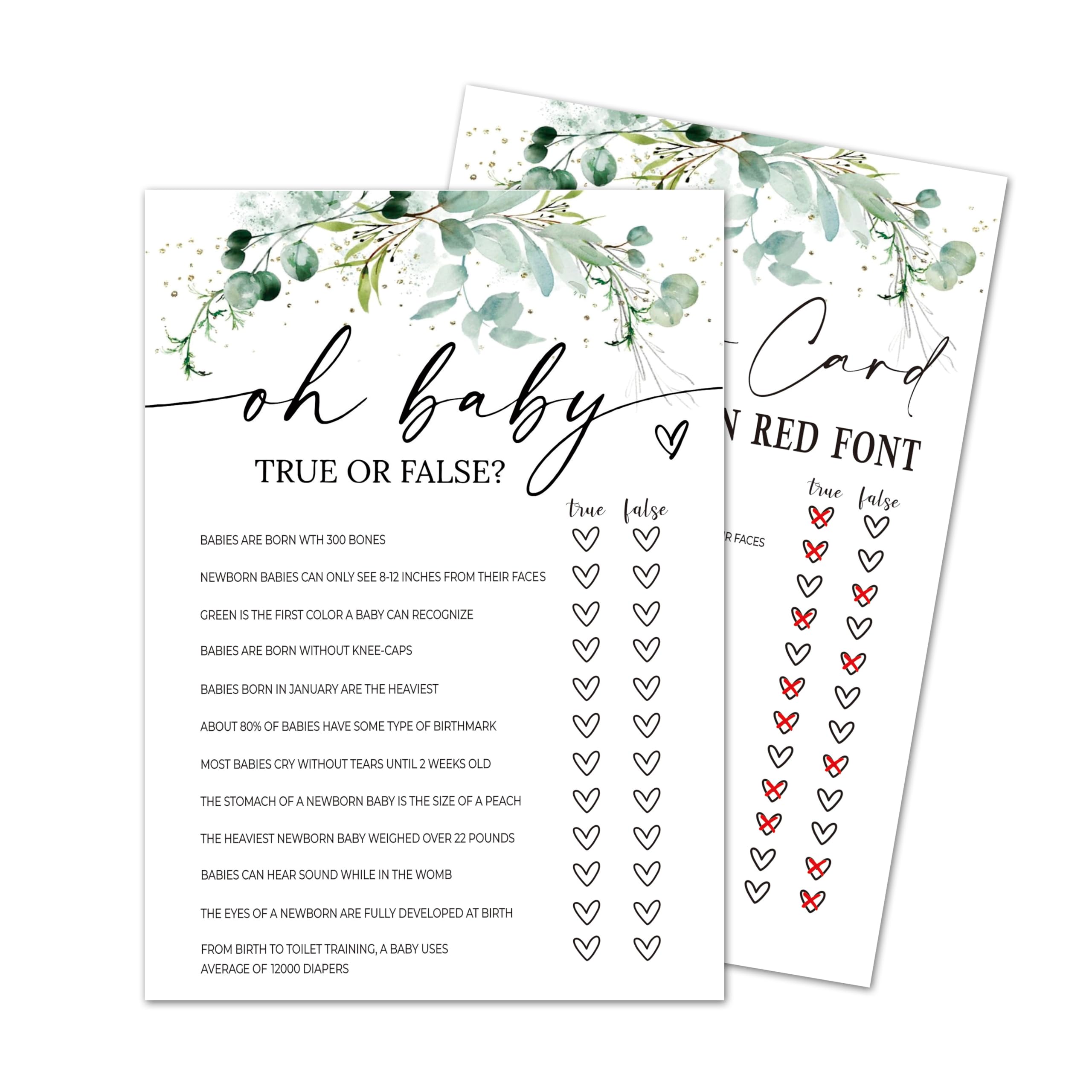 AKTFV Baby Shower Game Cards True Or False Set of 30 Greenery Double Sided
