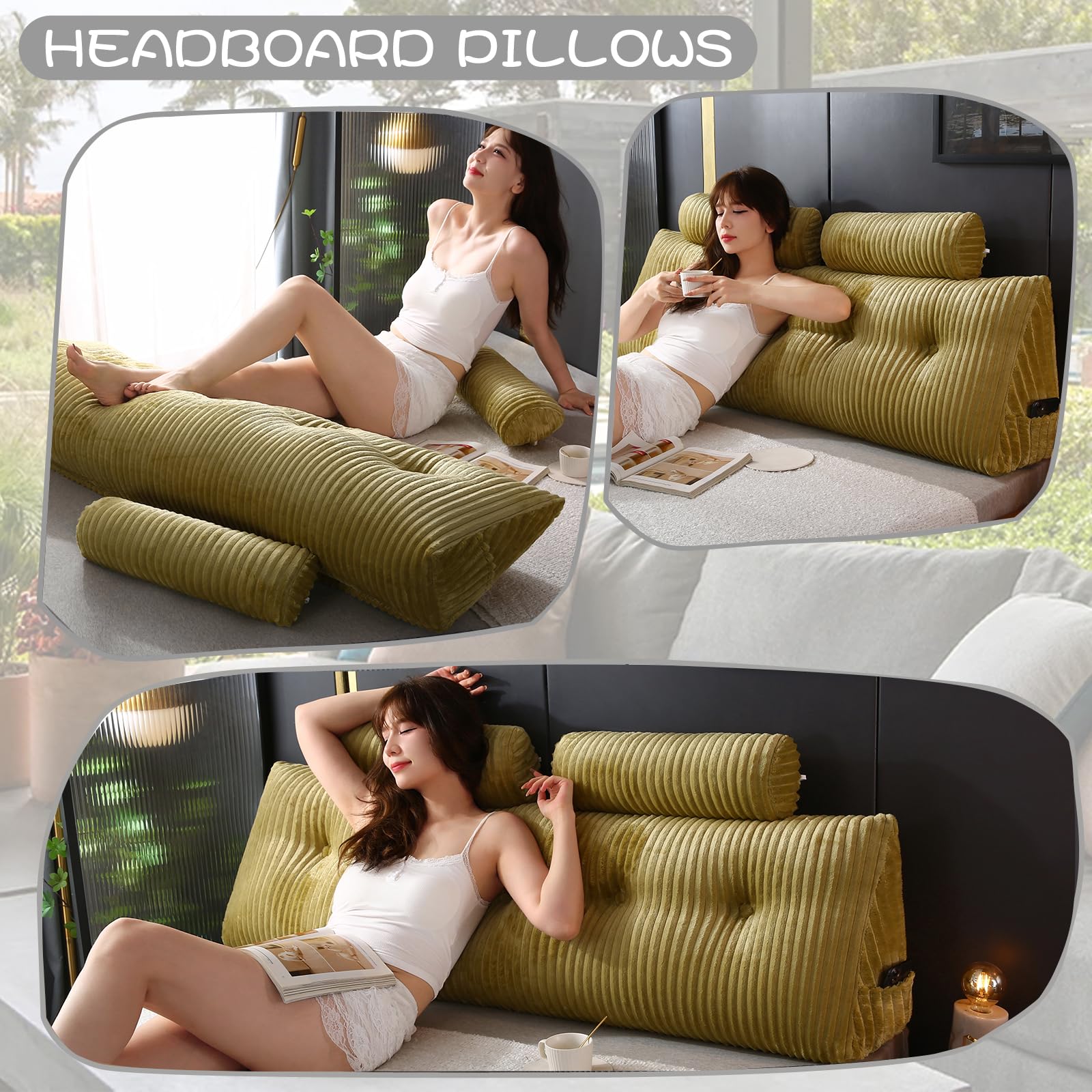Ziihome Large Wedge Headboard Pillow with 2 Neck Roll Pillows Saddle Brown Queen
