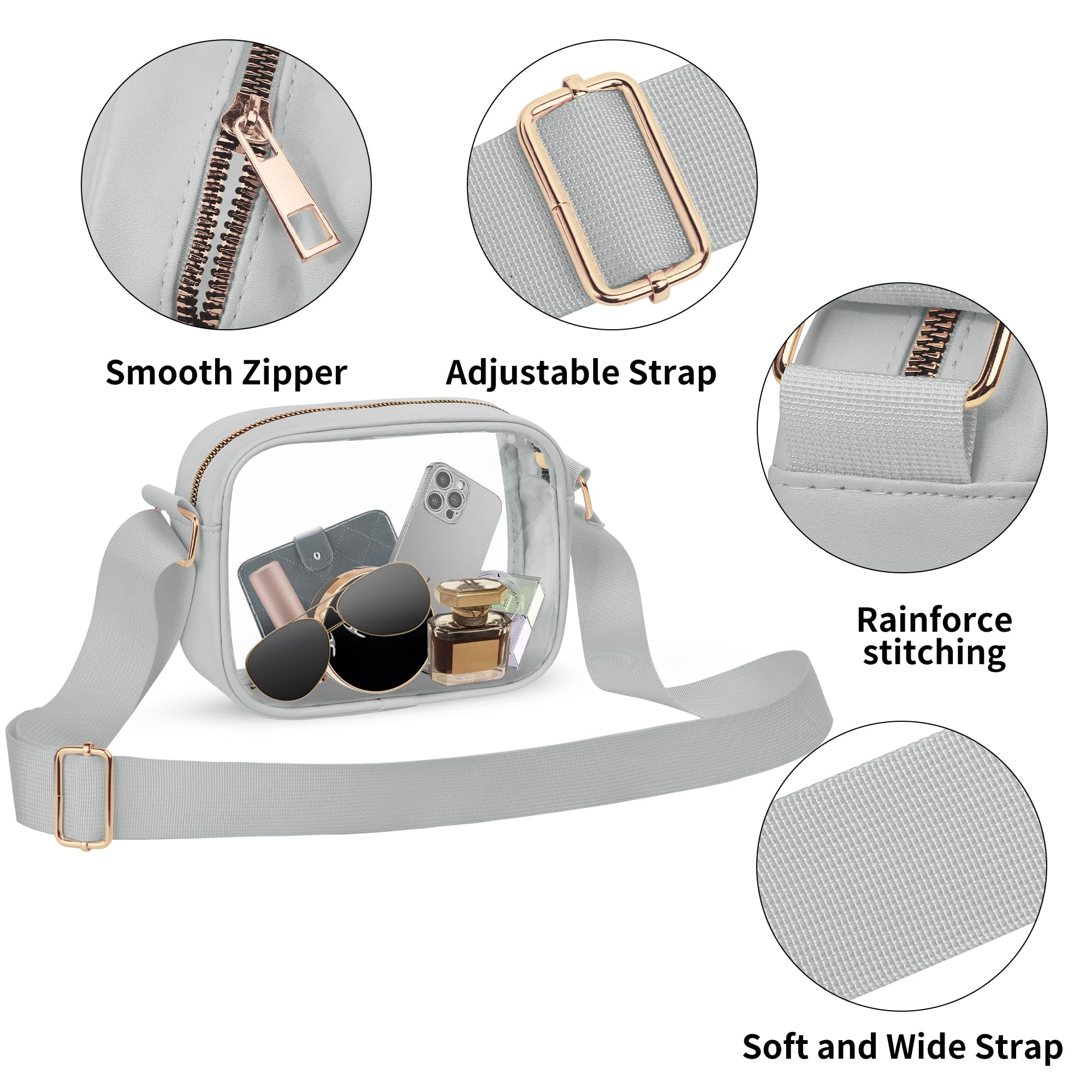VOROLO Stadium Approved Clear Crossbody Bag Small Gray Adjustable Strap
