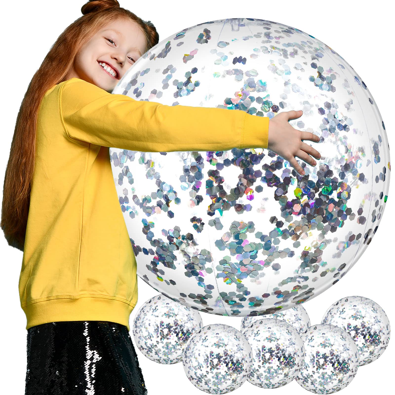 Civaner 6 Pcs 24 Inch Silver Inflatable Glitter Beach Balls Clear Floatable