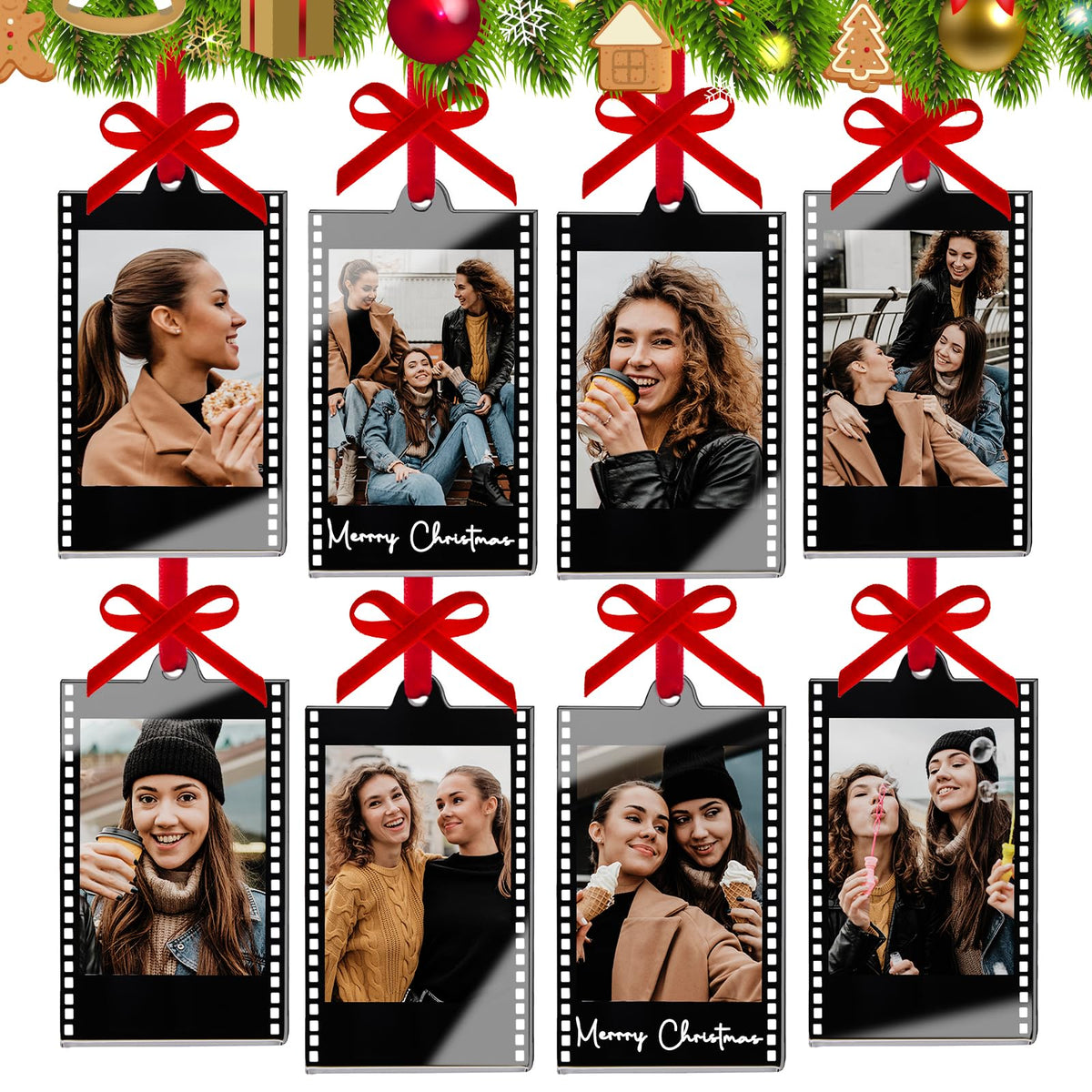 6Pcs Mini Gold & Silver Vintage Acrylic Photo Booth Picture Frame Ornaments - Double-Sided Photos Display, Photo Strip Frame for Polaroid Fuji Film Christmas Tree Car Wreath Fireplace