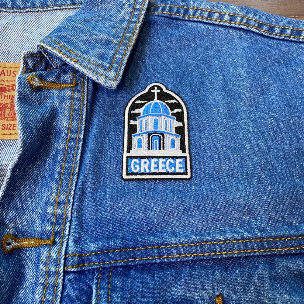 EMBRO BOF Blue Dome Greece Patch 3in Iron On Travel Patch
