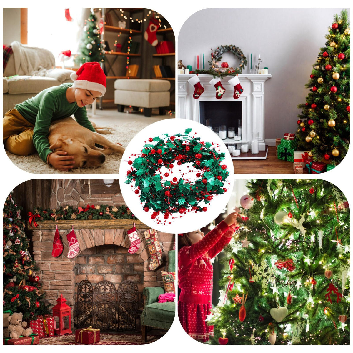 Veemoon 1 Roll Christmas Star Garland with Red Holly Berries 5M Green and Red Tinsel Wire Garland for Home Wedding Birthday Party Decorations