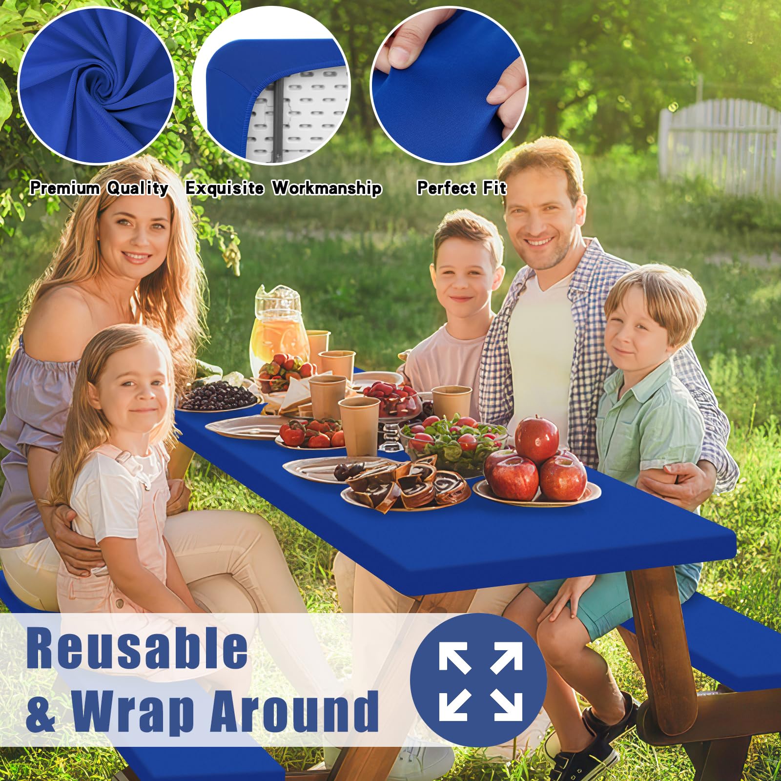 Moosfor Picnic Table Cover with Bench Covers Elastic Fitted Spandex 30x72 Blue