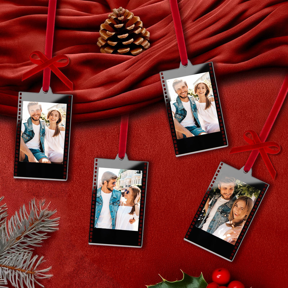 6Pcs Mini Gold & Silver Vintage Acrylic Photo Booth Picture Frame Ornaments - Double-Sided Photos Display, Photo Strip Frame for Polaroid Fuji Film Christmas Tree Car Wreath Fireplace