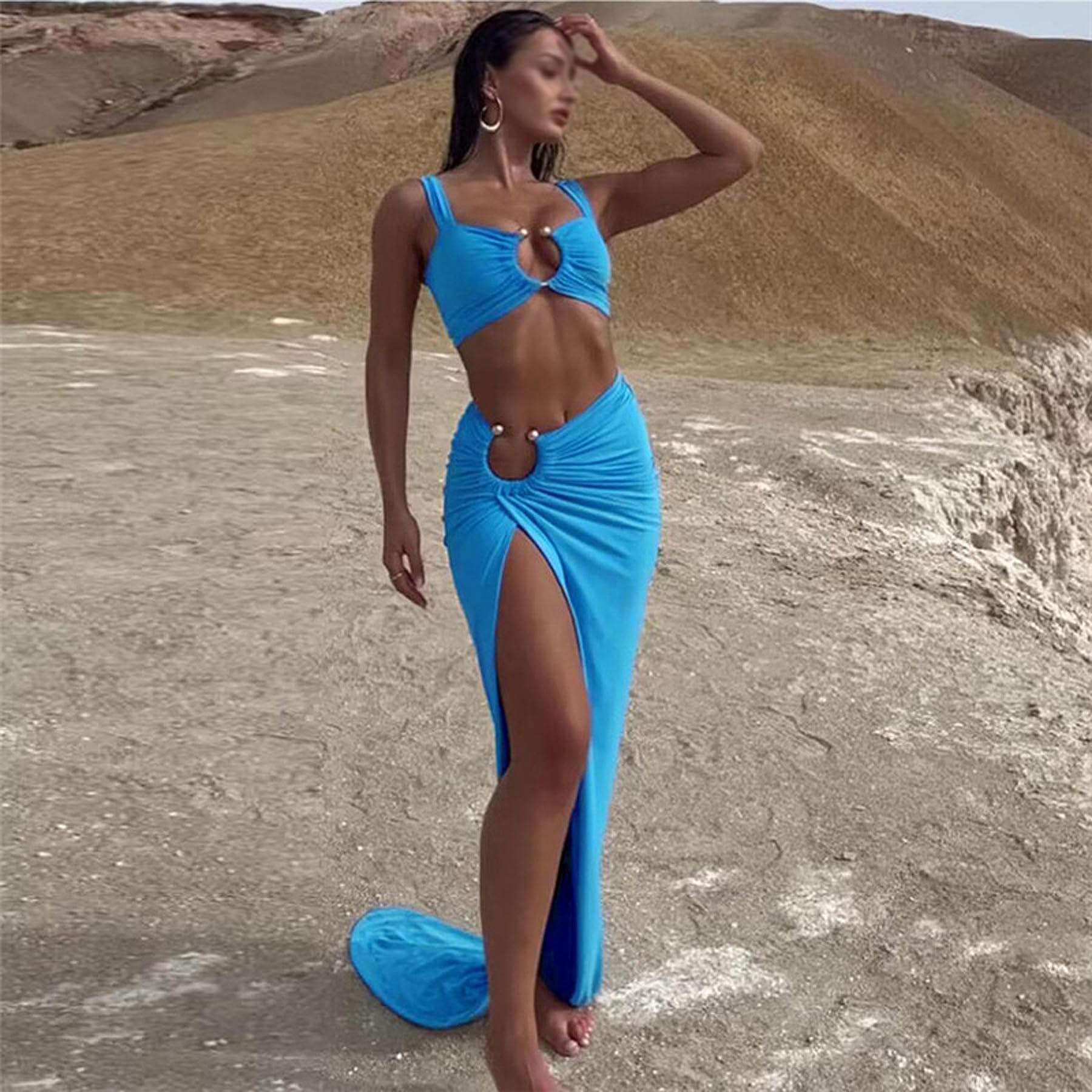 BOLLEY JOSS Women's Sexy 2 Piece Maxi Skirt Set Blue Polyester Size M