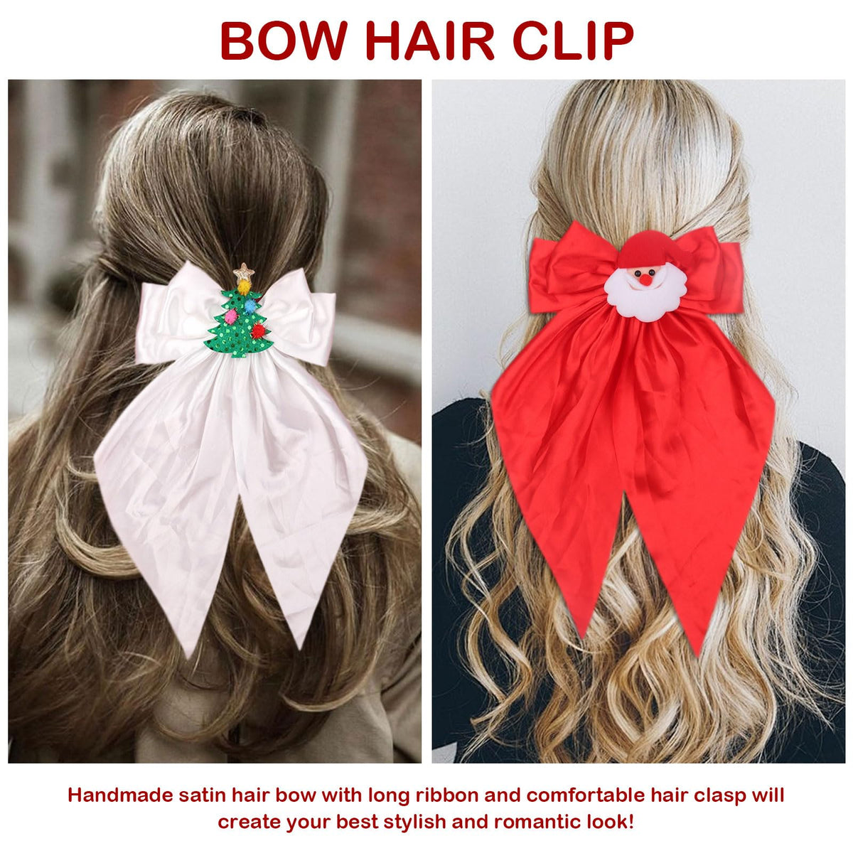 HIFANMM 2pcs Christmas Bow Hair Clips Xmas Tree Santa Claus Hair Accessories for Women Girls, Red White Big Bows Long Tail Hairpins Winter New Year Christmas Party Costume Supplies Decoration
