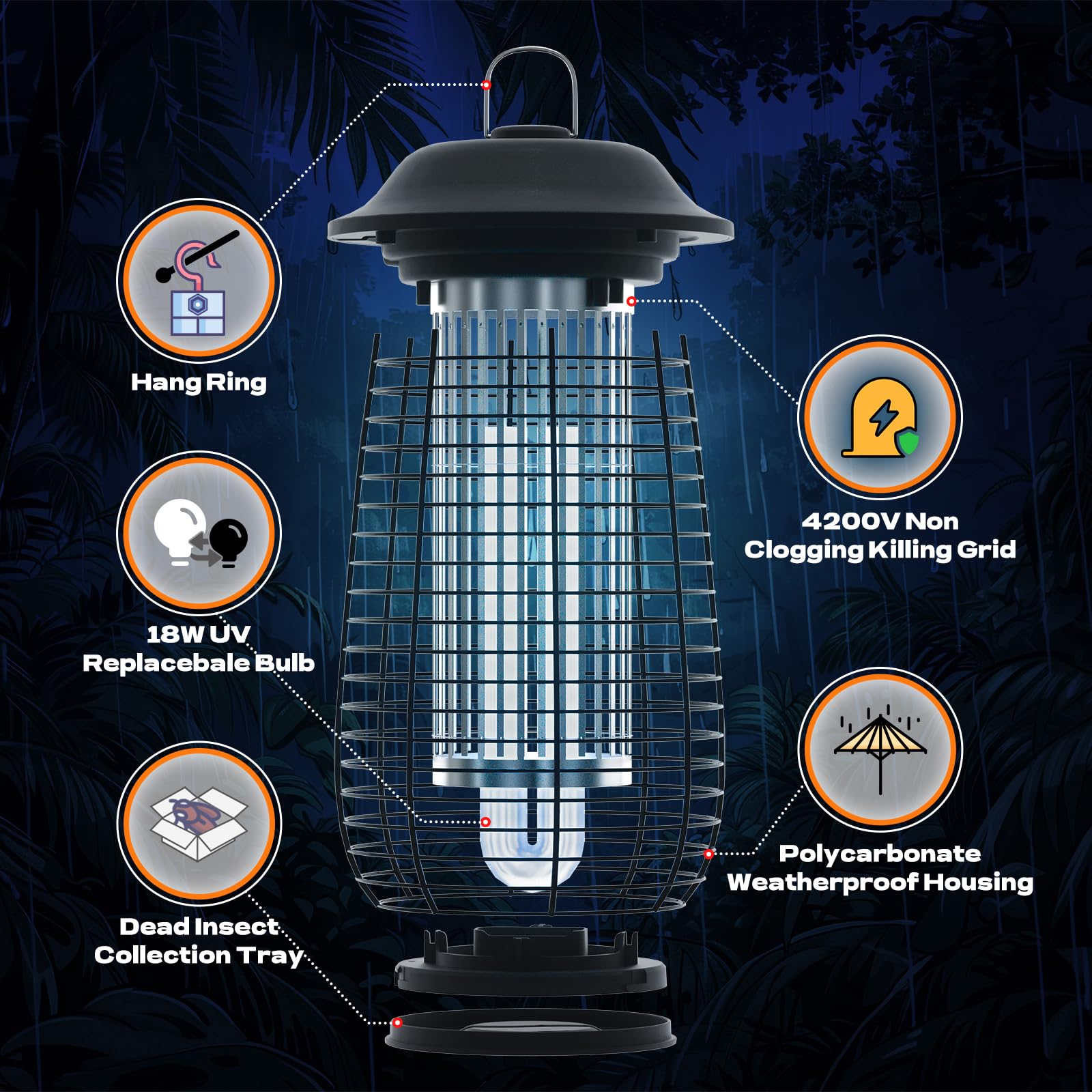 ILCPP Bug Zapper 4200V Electric Mosquito Trap Waterproof Black 6.5ft Cord