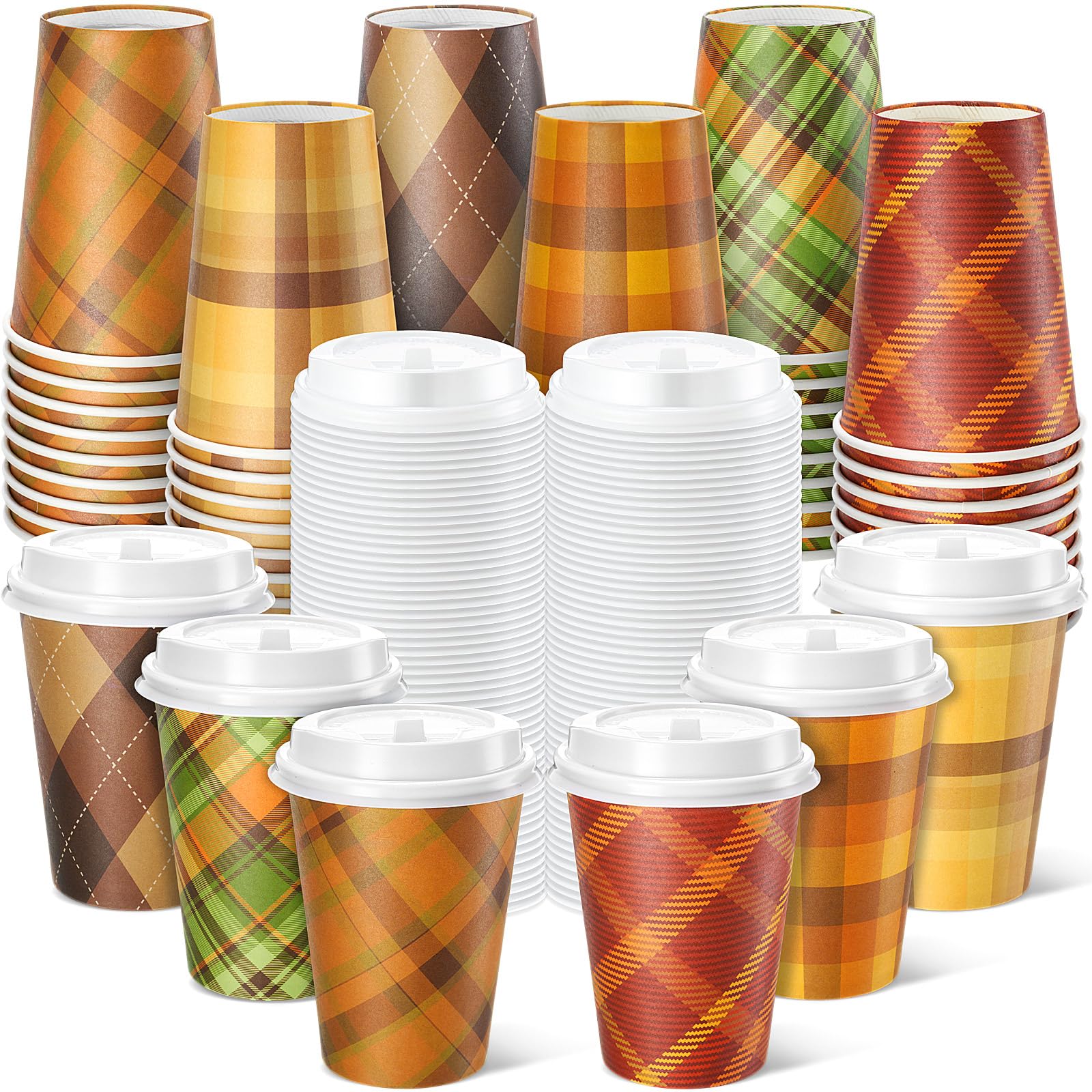 Sunnychicc 120 Pcs 12oz Fall Disposable Coffee Cups with Lids Checkered Design