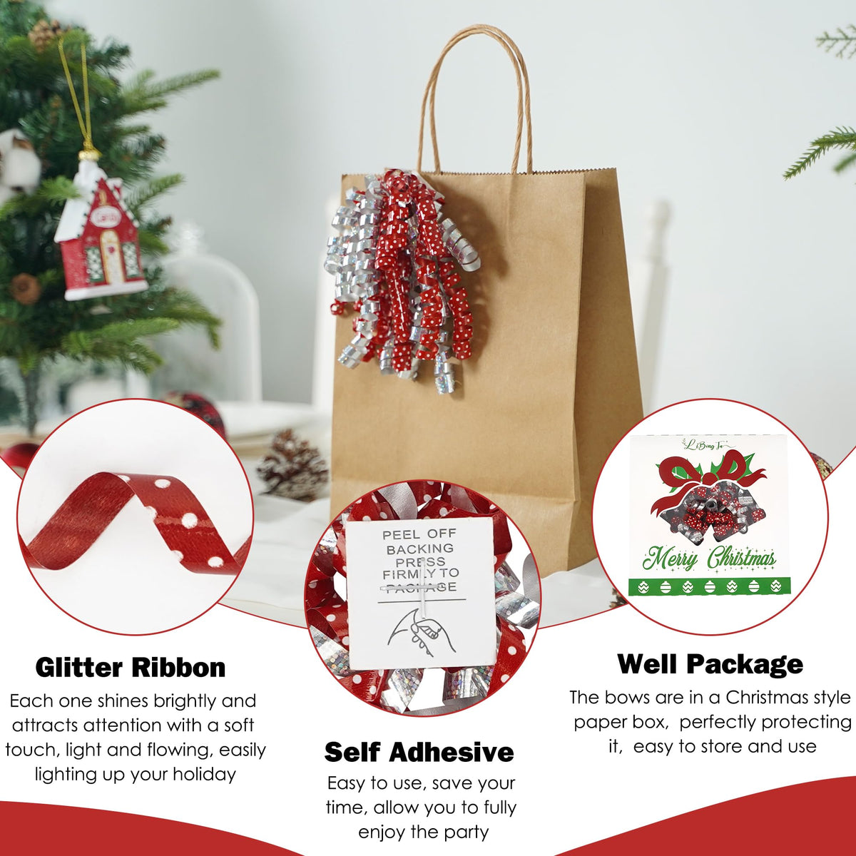 LiBongTa 12 PCs Bows 5" Silver and Red Bow Ornaments with White Dots